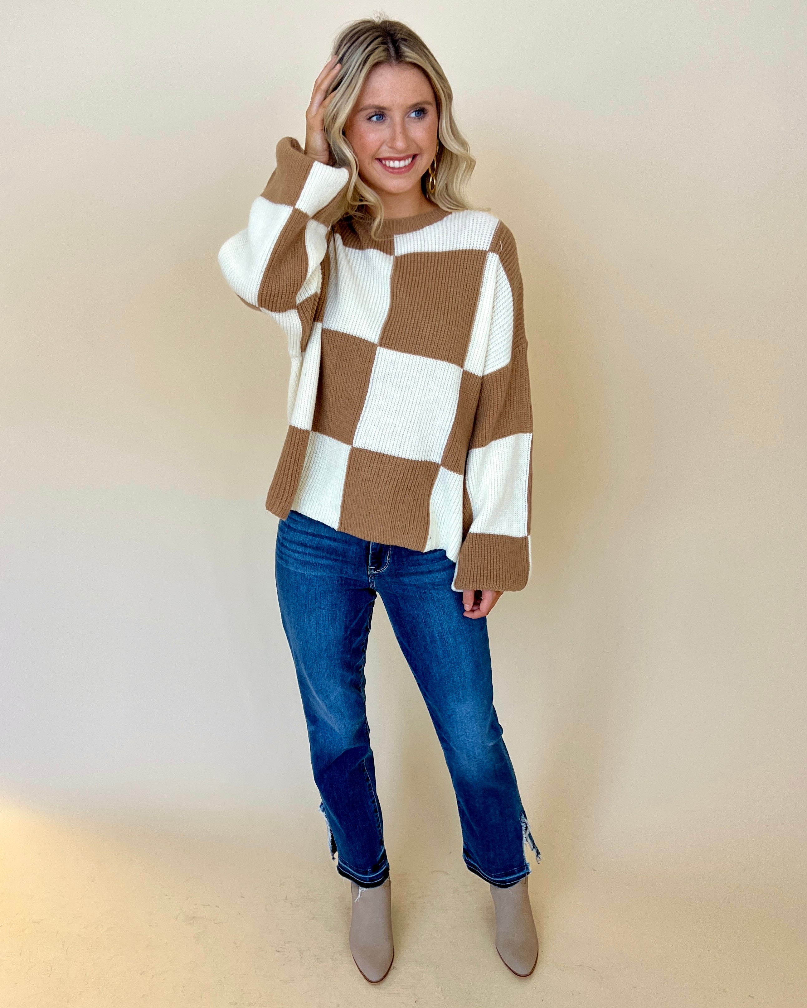 Checkmate Wood Checkered Sweater-Shop-Womens-Boutique-Clothing