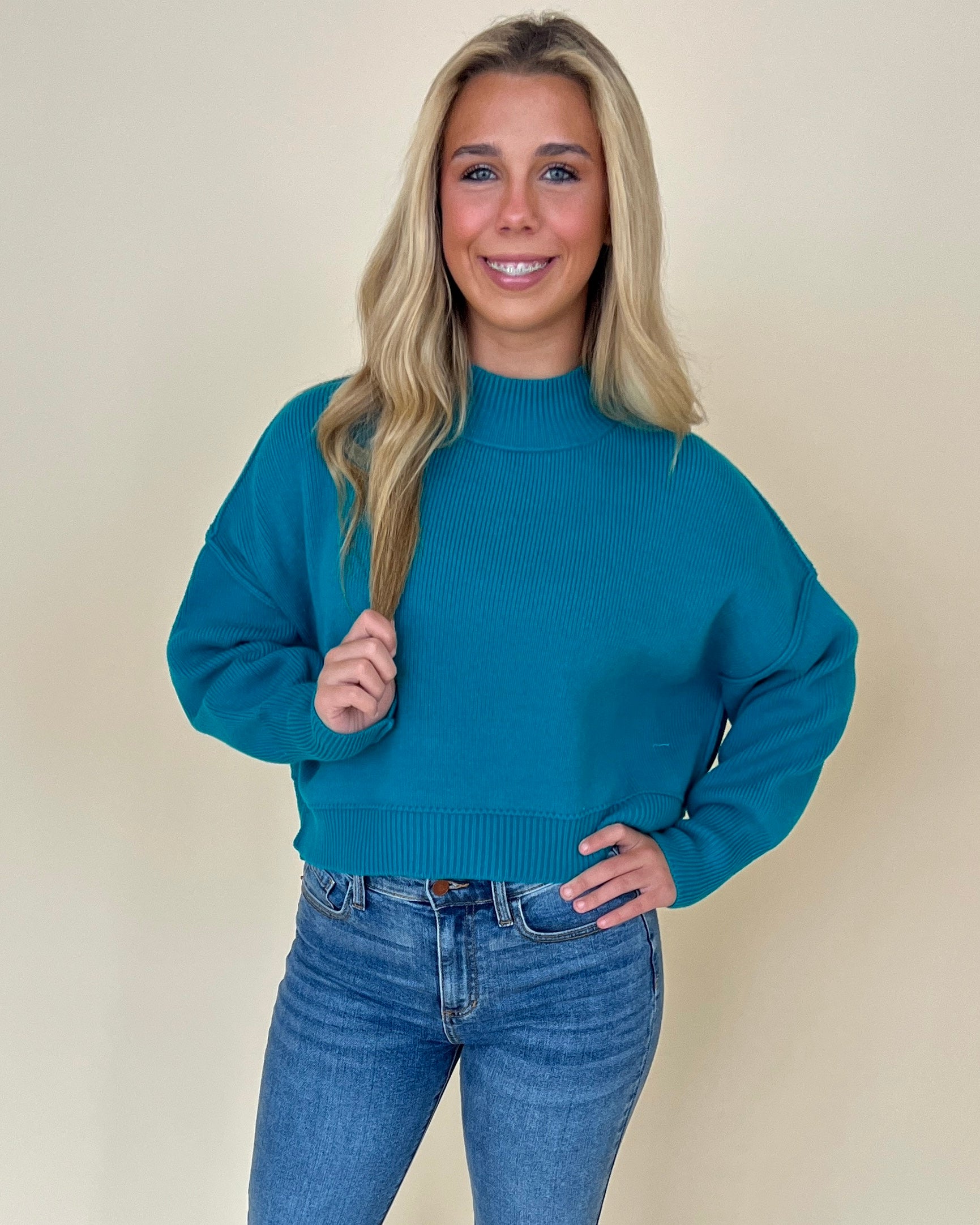 Room For Two Lt Teal Cropped Sweater-Shop-Womens-Boutique-Clothing