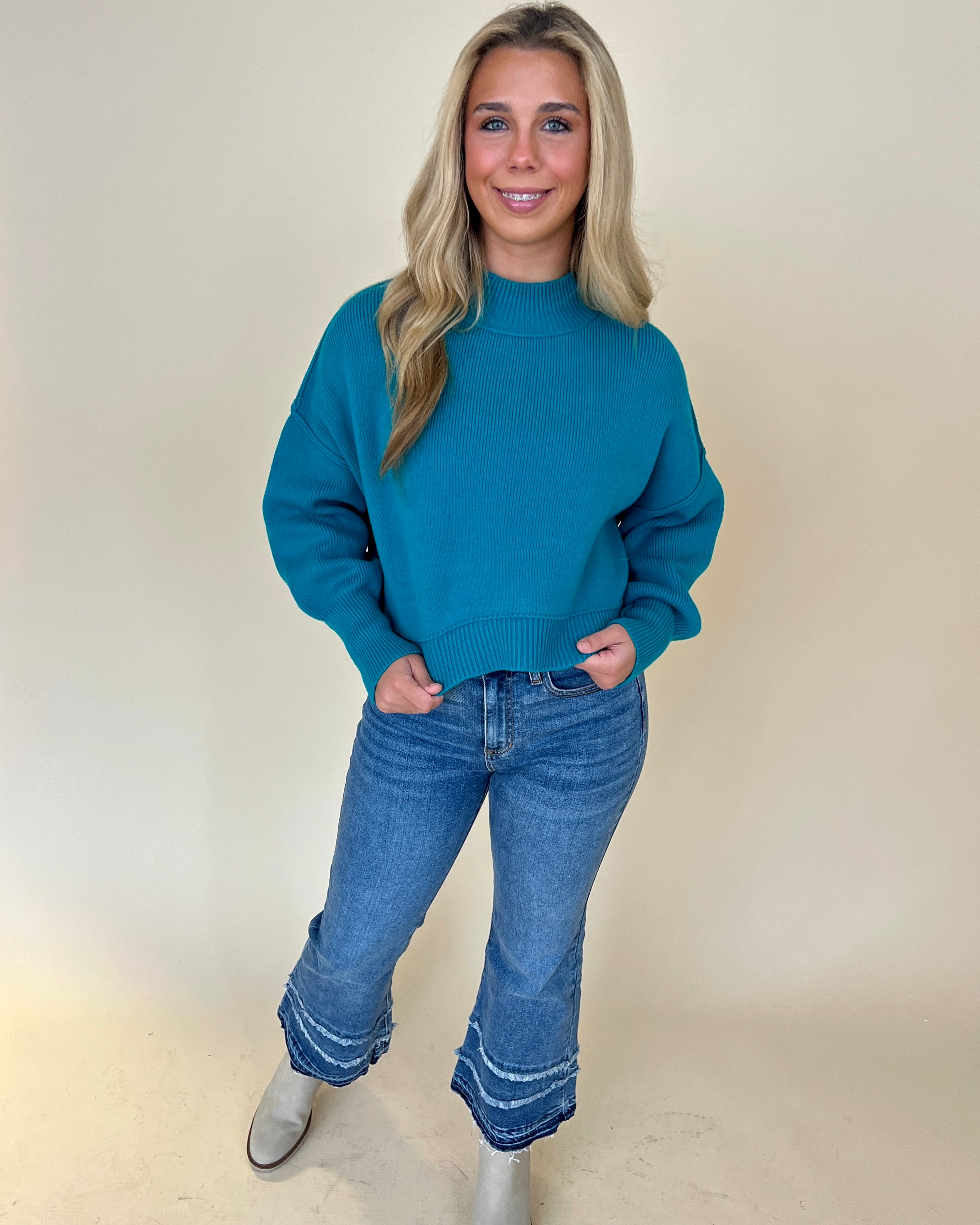 Room For Two Lt Teal Cropped Sweater-Shop-Womens-Boutique-Clothing