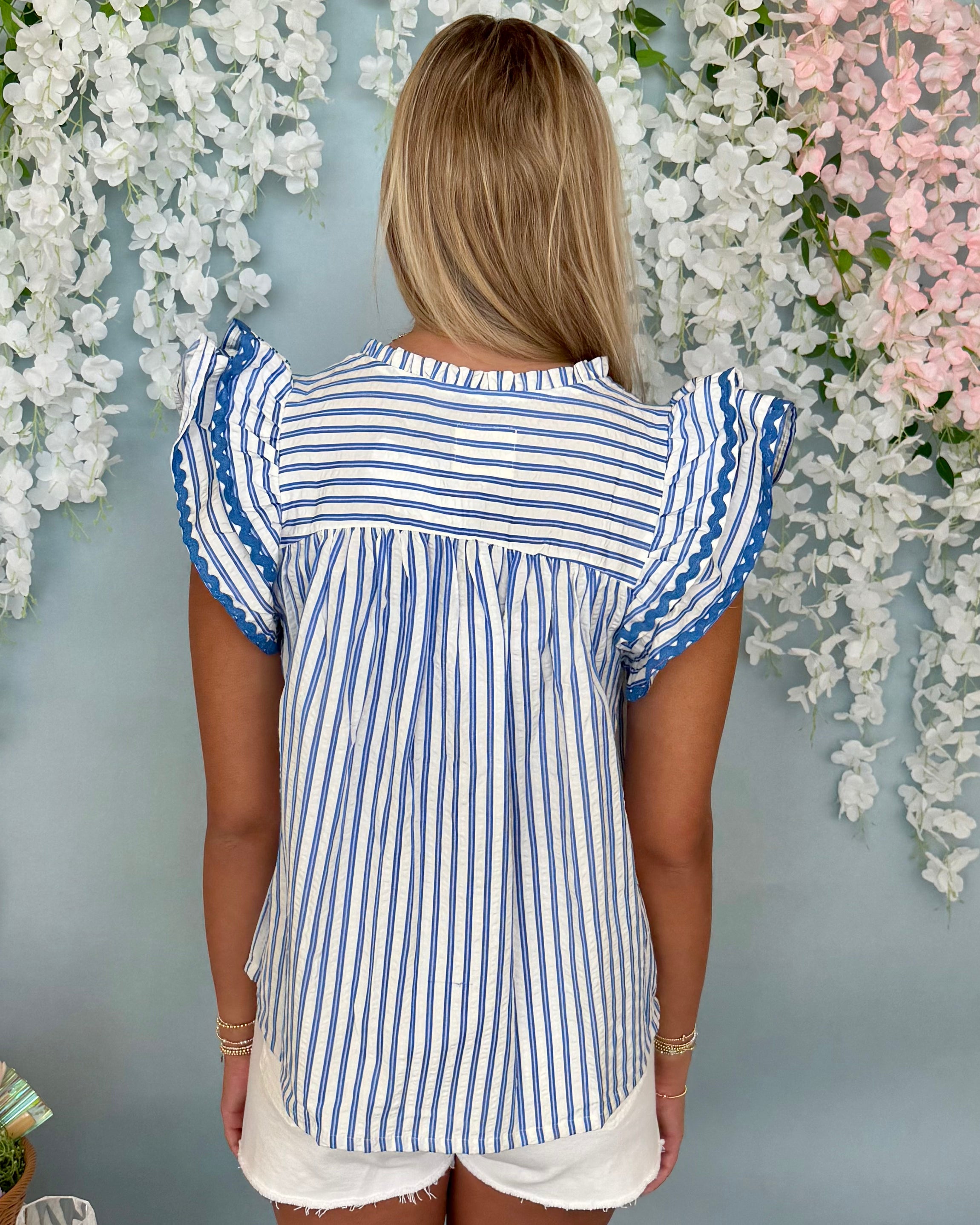 Happy Memories Blue Striped Ric Rac Sleeve Top-Shop-Womens-Boutique-Clothing