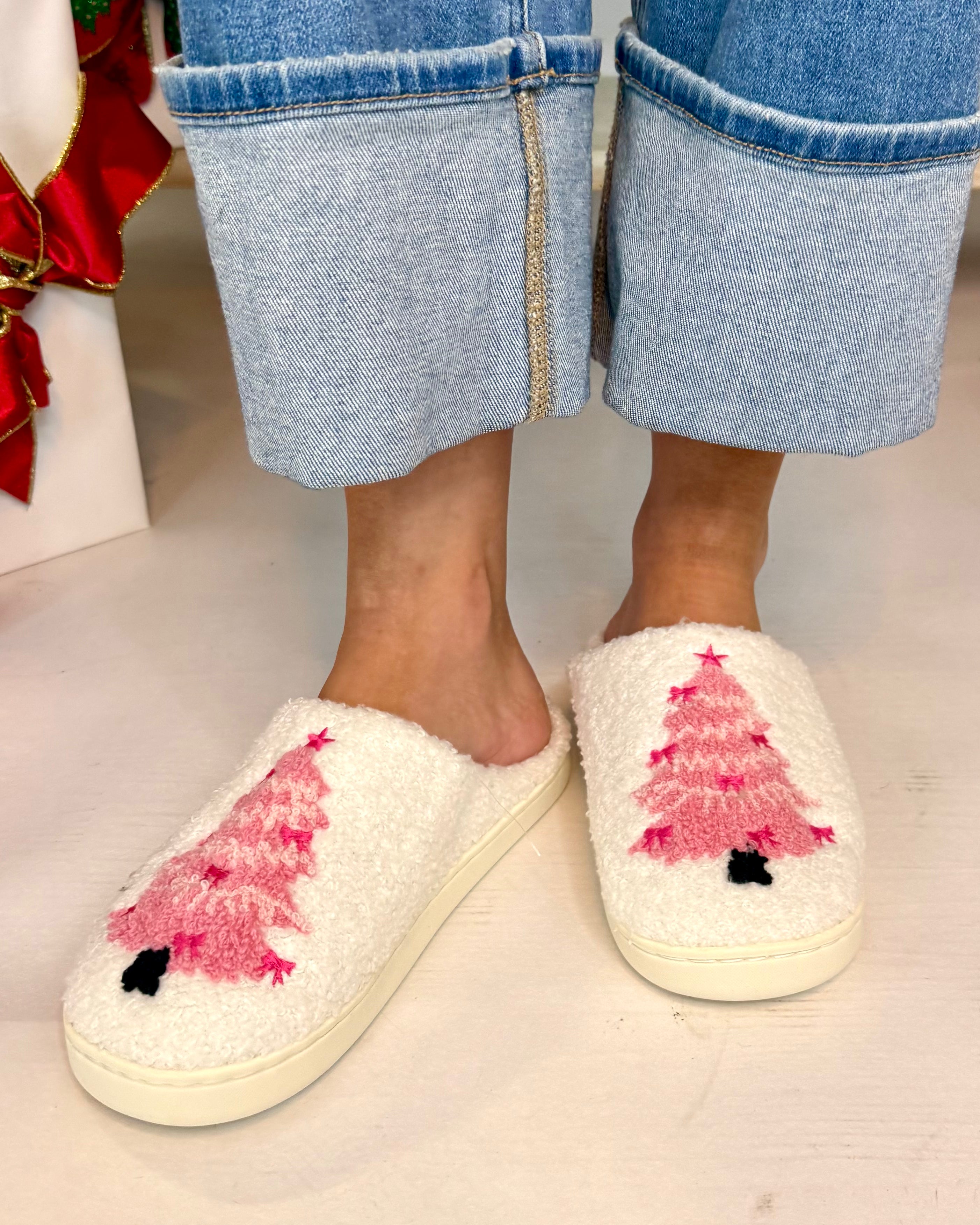 Xmas Tree Pink Soft Plush Slippers-Shop-Womens-Boutique-Clothing