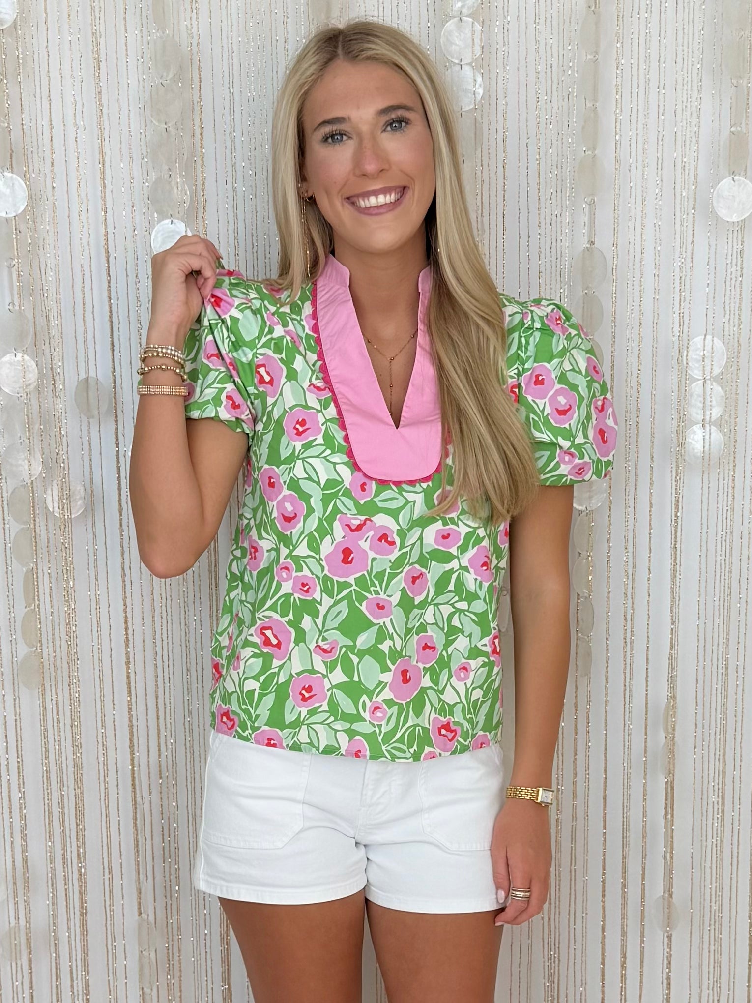 Bistro Charm Green Floral Split Neck Top-Shop-Womens-Boutique-Clothing