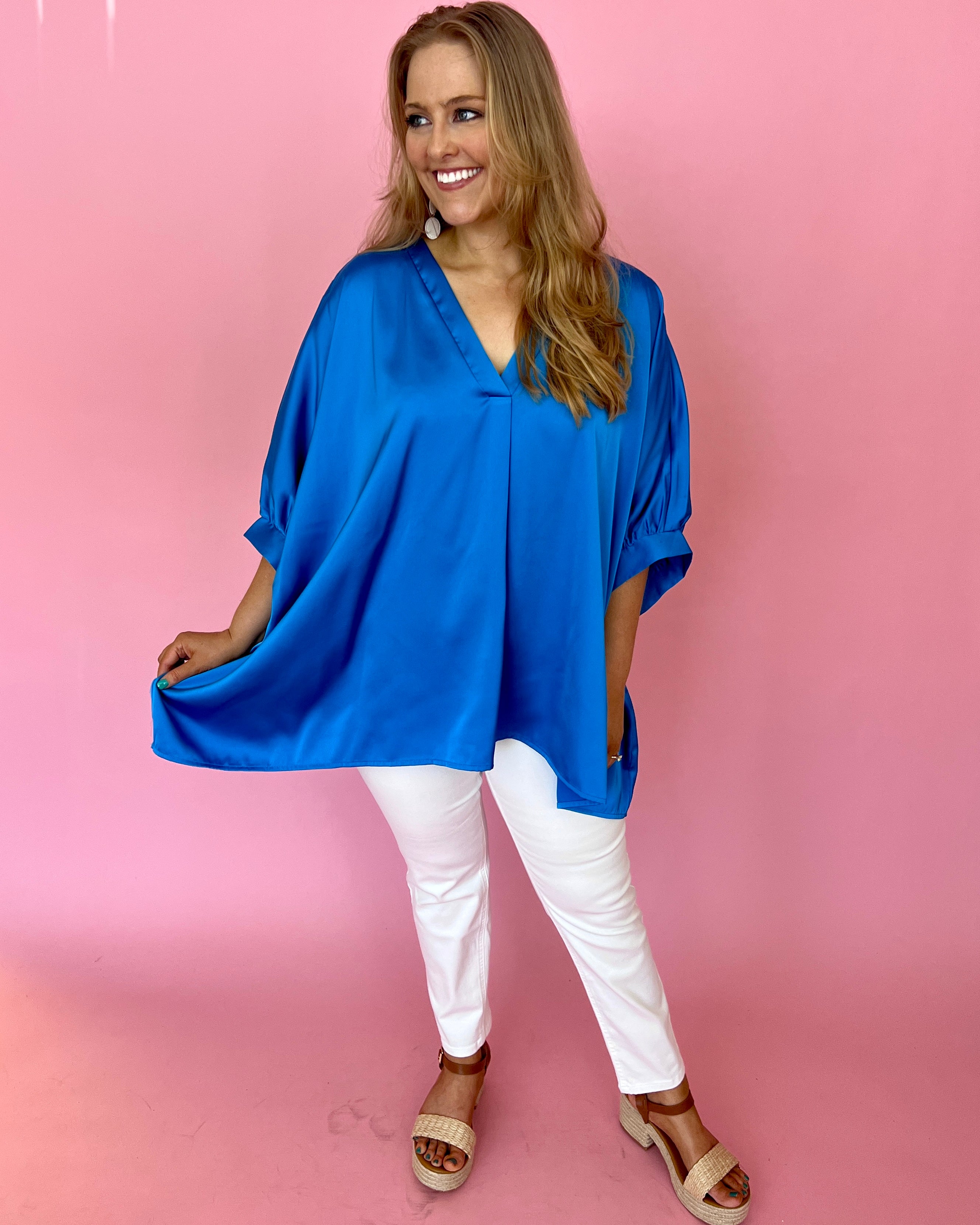 Spring Fling French Blue Plus Satin Dolman Sleeve Top-Shop-Womens-Boutique-Clothing