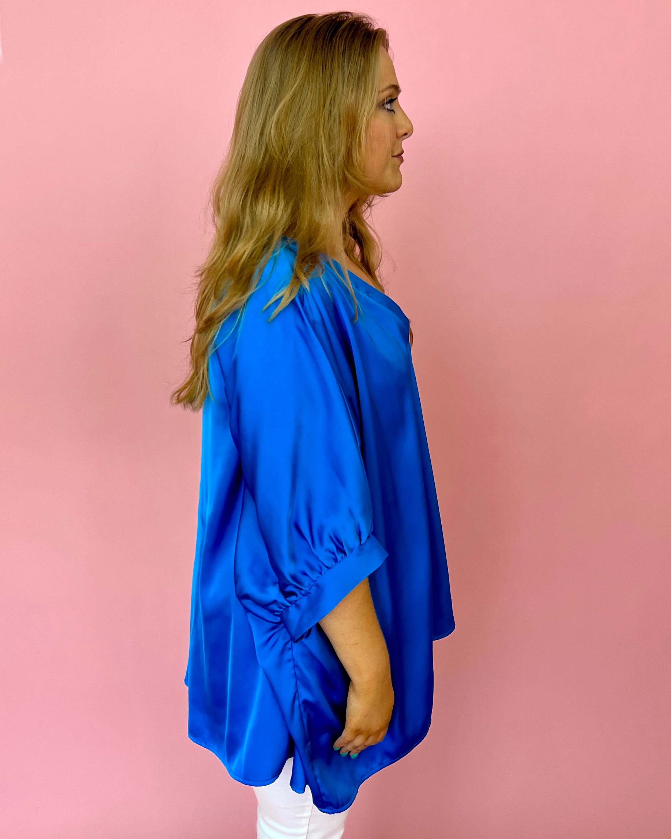 Spring Fling French Blue Plus Satin Dolman Sleeve Top-Shop-Womens-Boutique-Clothing