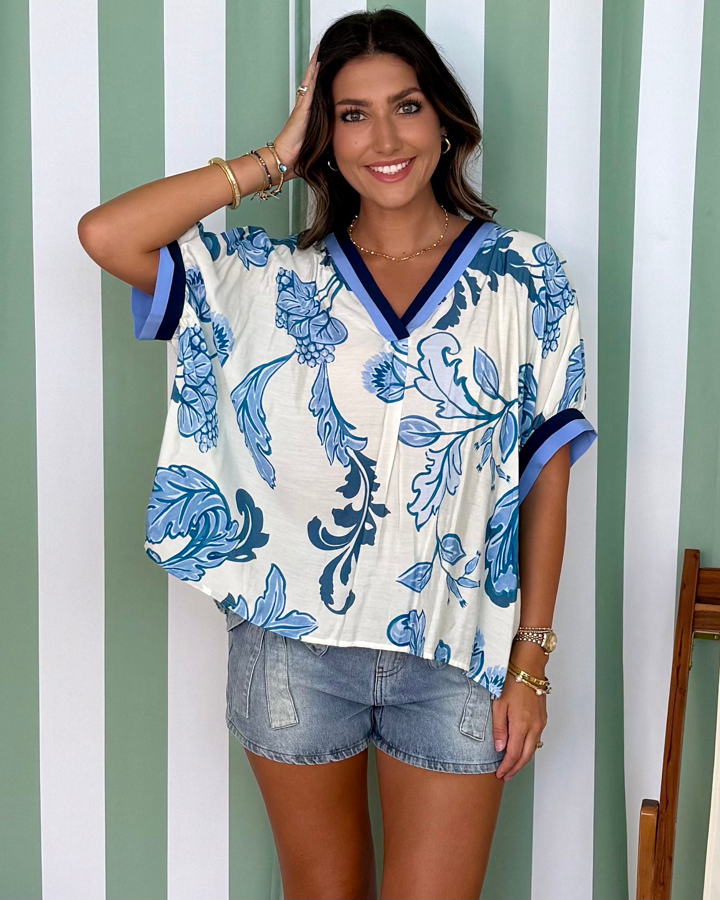 Tide Ready Blue Leaf Print V-Neck Top-Shop-Womens-Boutique-Clothing