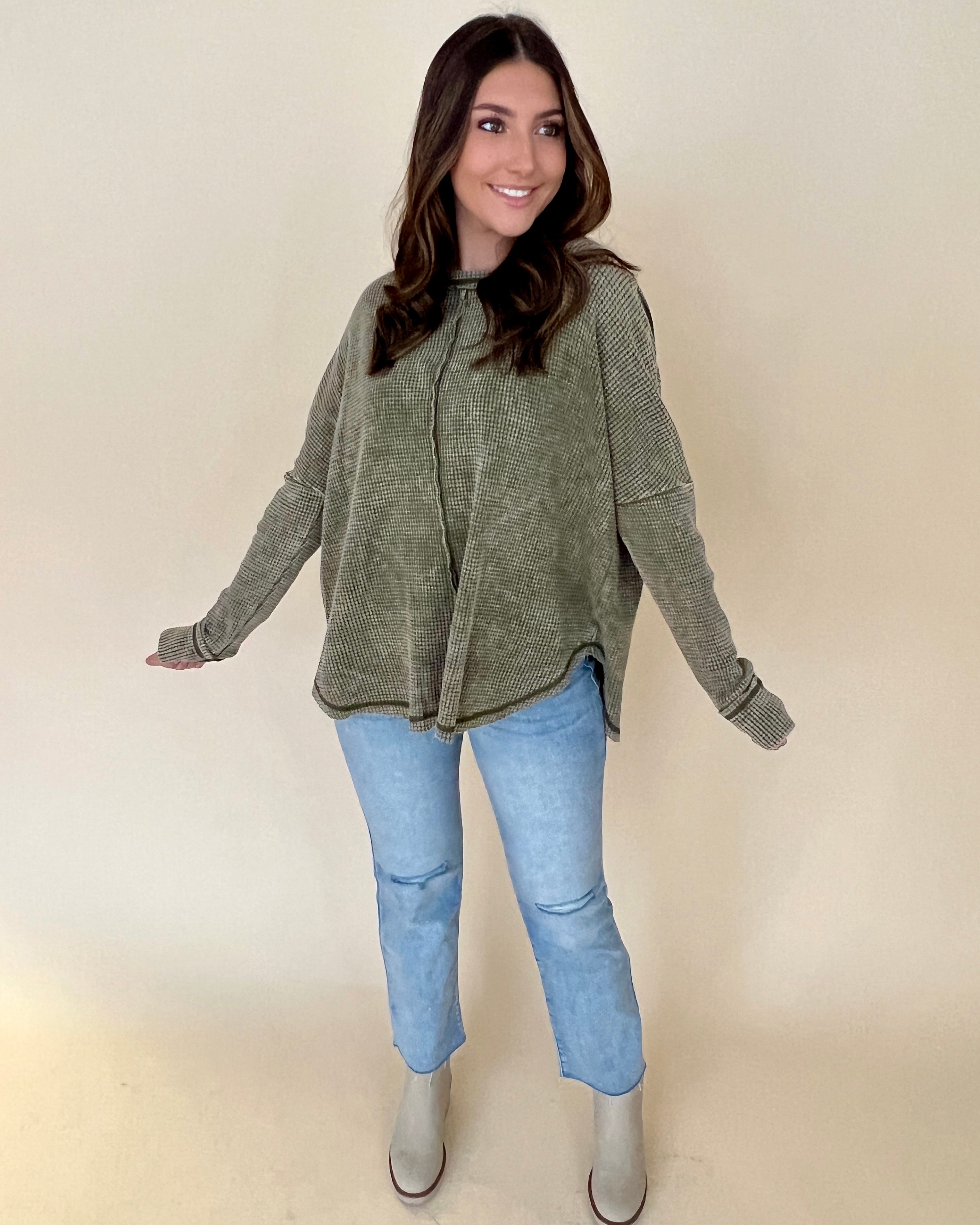 Washed Away Olive Washed Knit Top-Shop-Womens-Boutique-Clothing