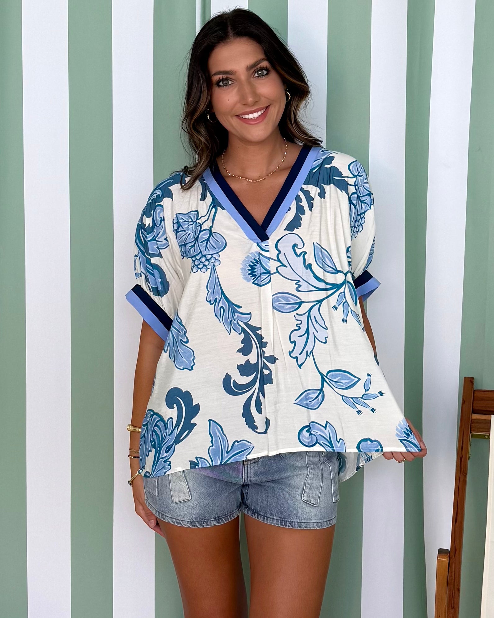 Tide Ready Blue Leaf Print V-Neck Top-Shop-Womens-Boutique-Clothing