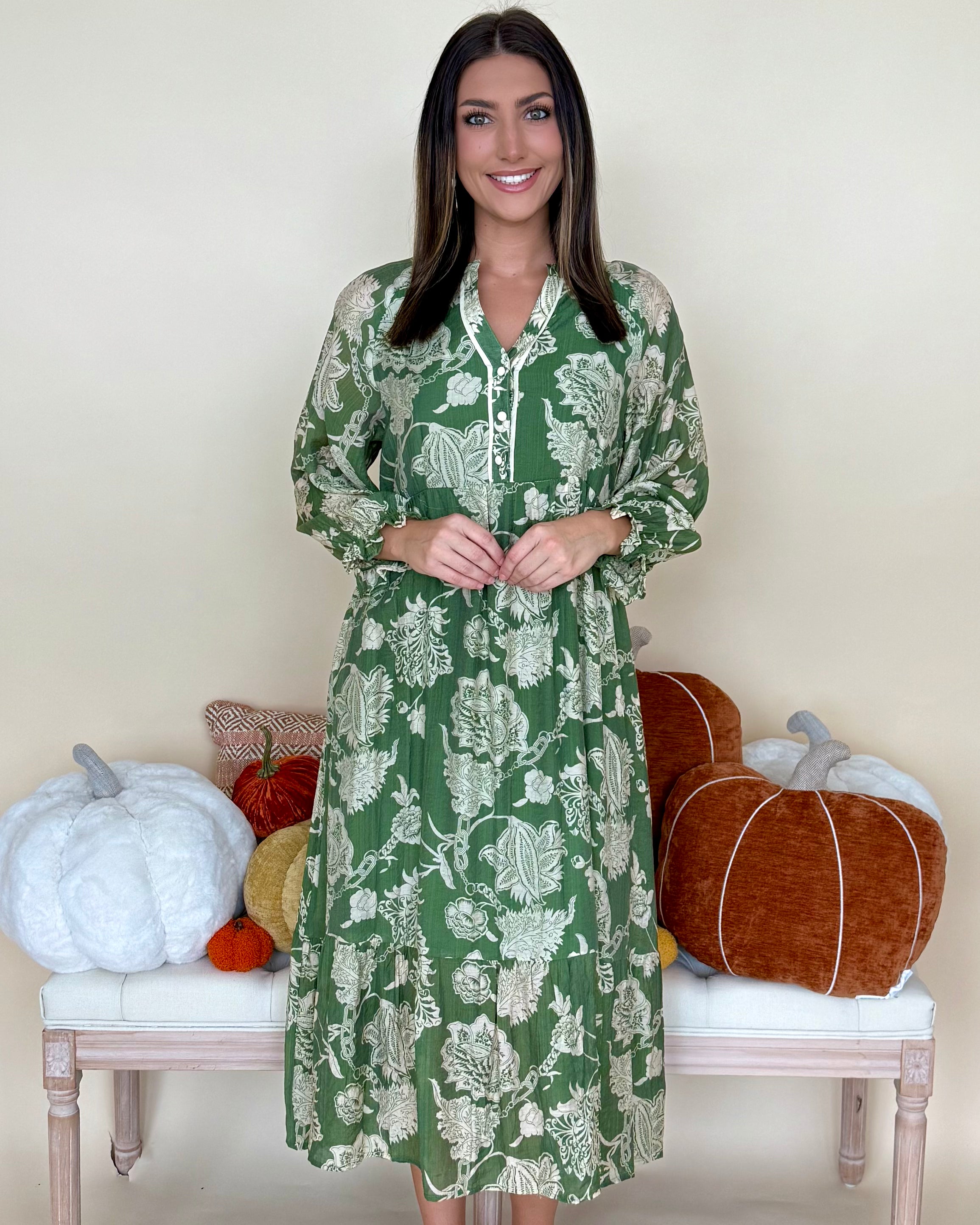 Calling For You Green Floral Boho Midi Dress-Shop-Womens-Boutique-Clothing