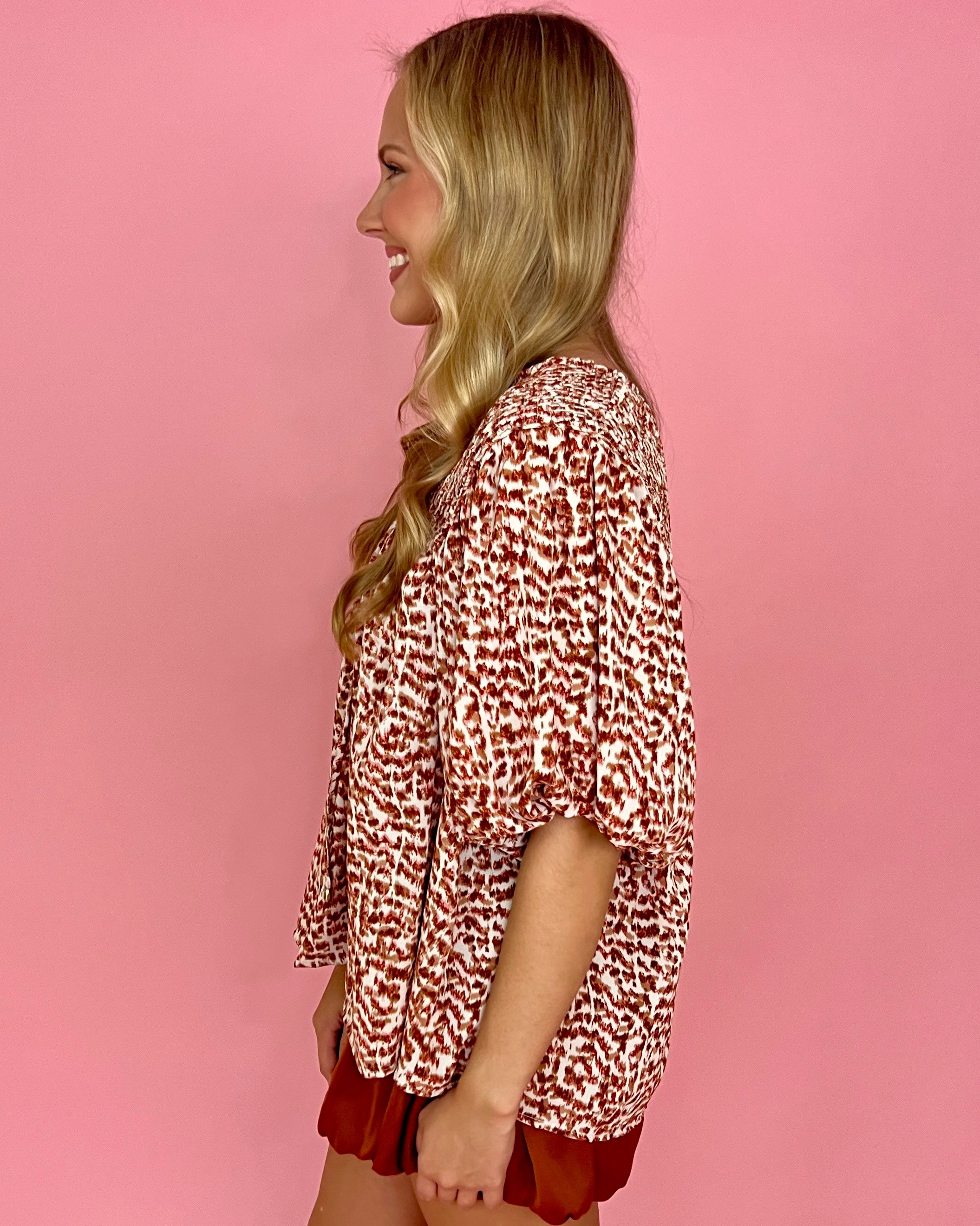 Still Got Dreams Ecru Printed Smocked Split Neck Top-Shop-Womens-Boutique-Clothing