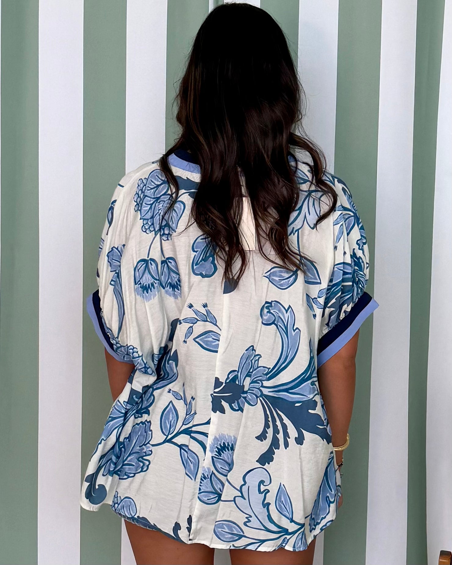 Tide Ready Blue Leaf Print V-Neck Top-Shop-Womens-Boutique-Clothing