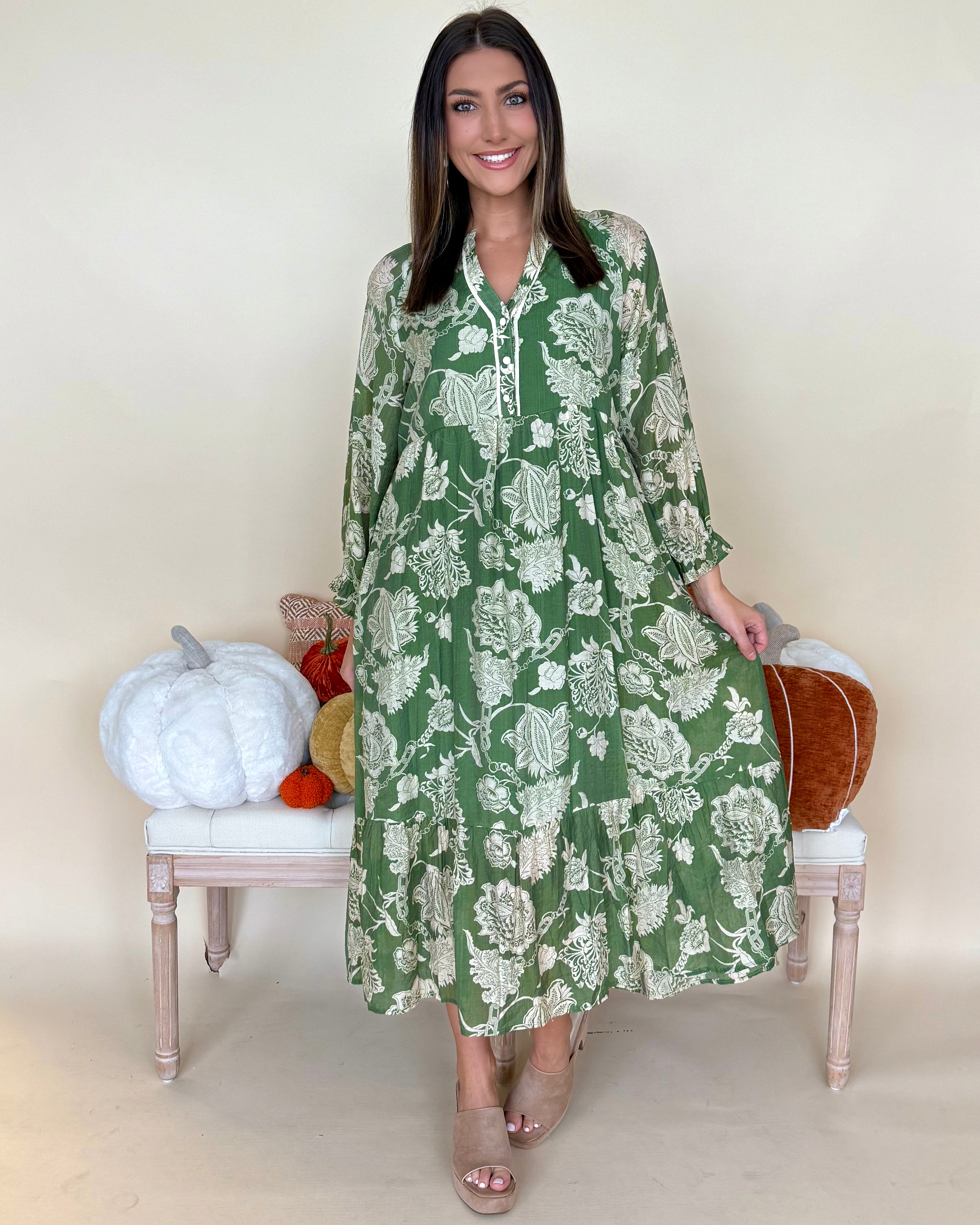 Calling For You Green Floral Boho Midi Dress-Shop-Womens-Boutique-Clothing