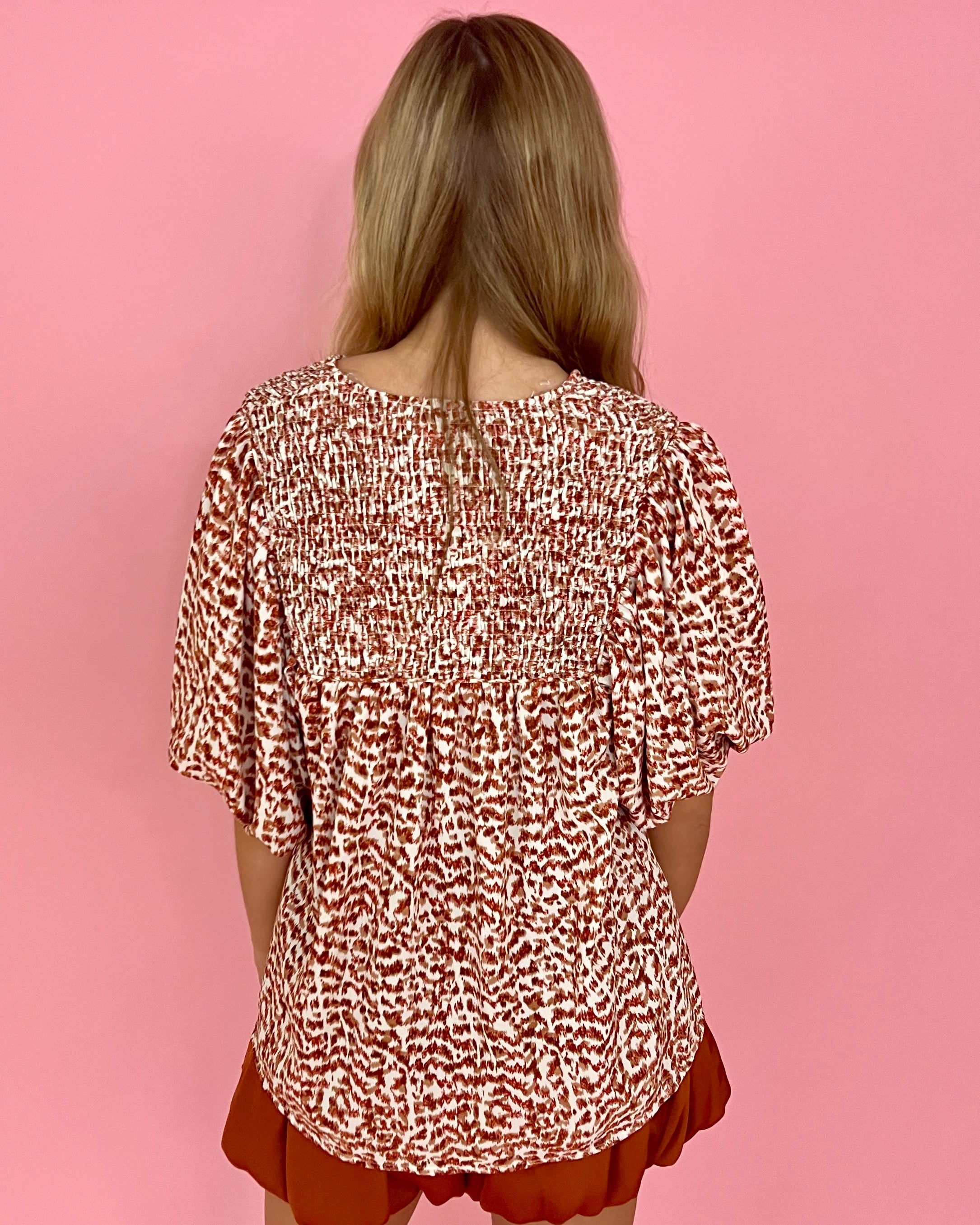 Still Got Dreams Ecru Printed Smocked Split Neck Top-Shop-Womens-Boutique-Clothing