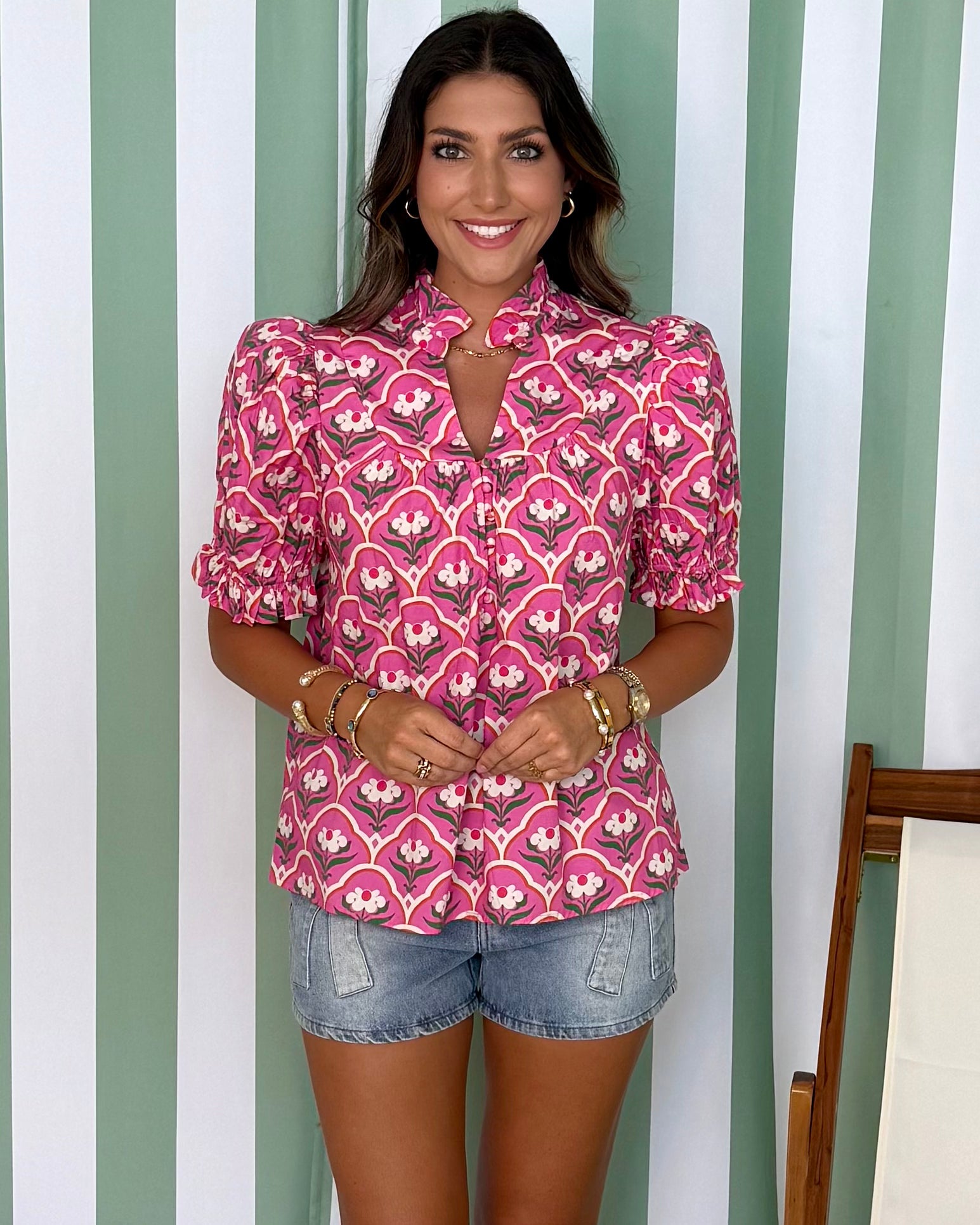 The Dreamer Pink Floral Ruffle Neck Top-Shop-Womens-Boutique-Clothing