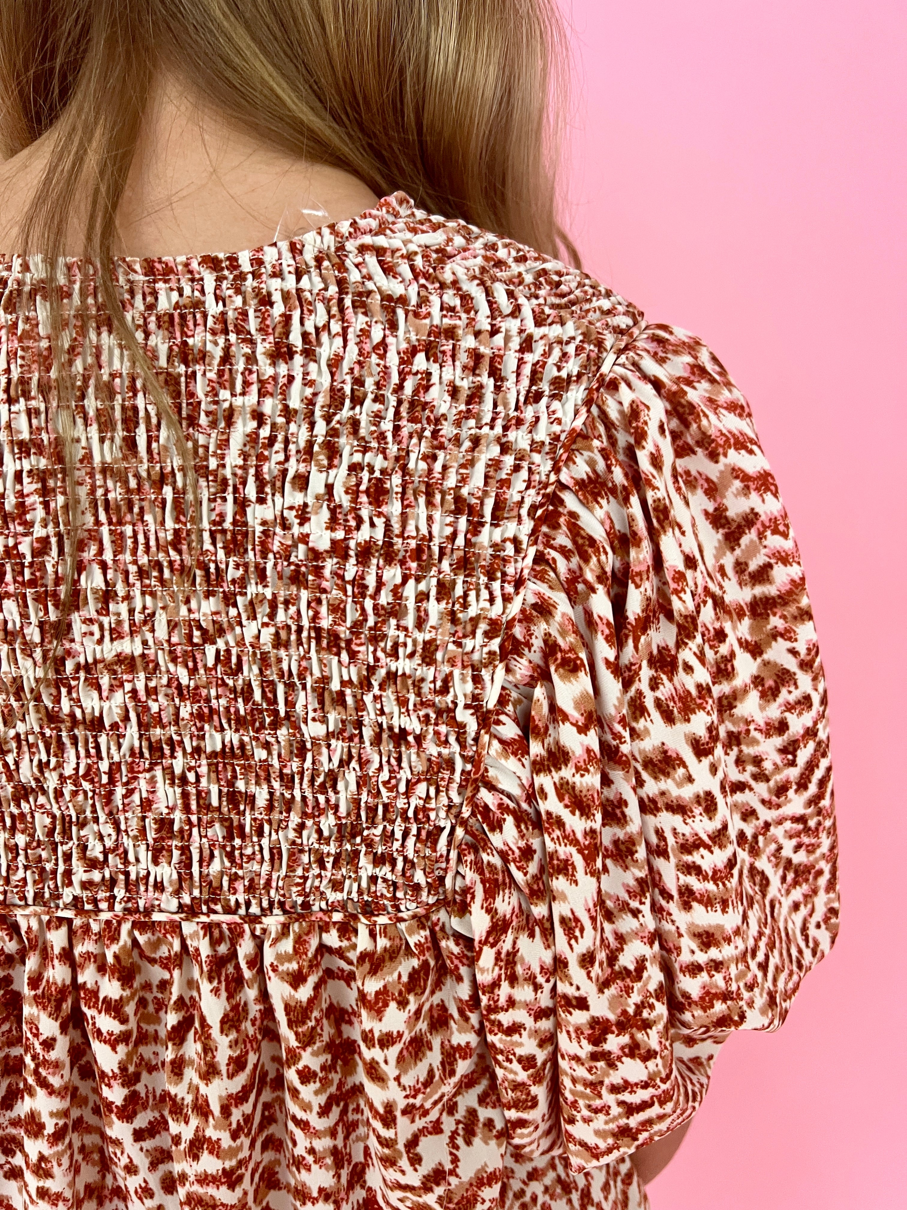 Still Got Dreams Ecru Printed Smocked Split Neck Top-Shop-Womens-Boutique-Clothing