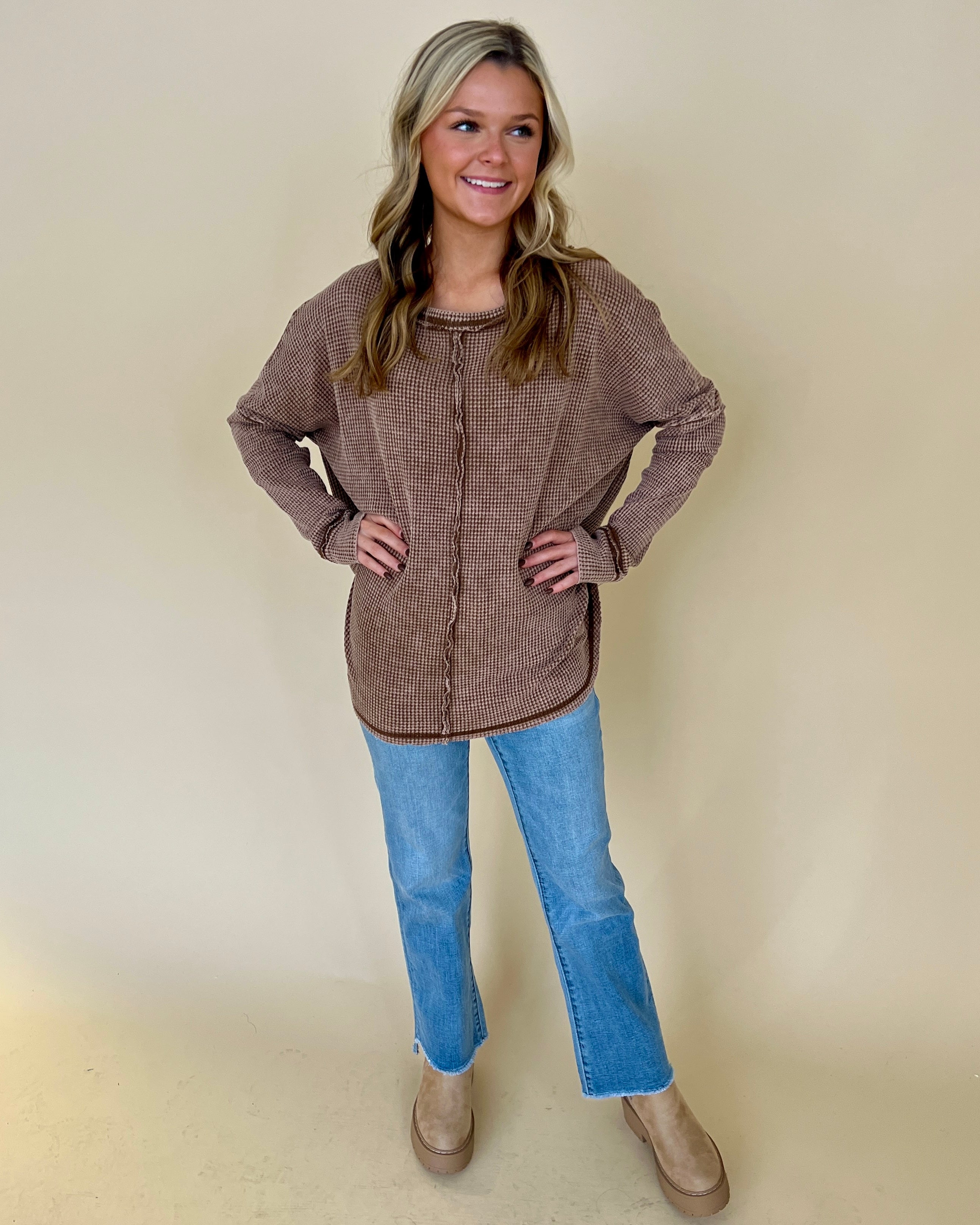 Washed Away Dk Camel Washed Knit Top-Shop-Womens-Boutique-Clothing