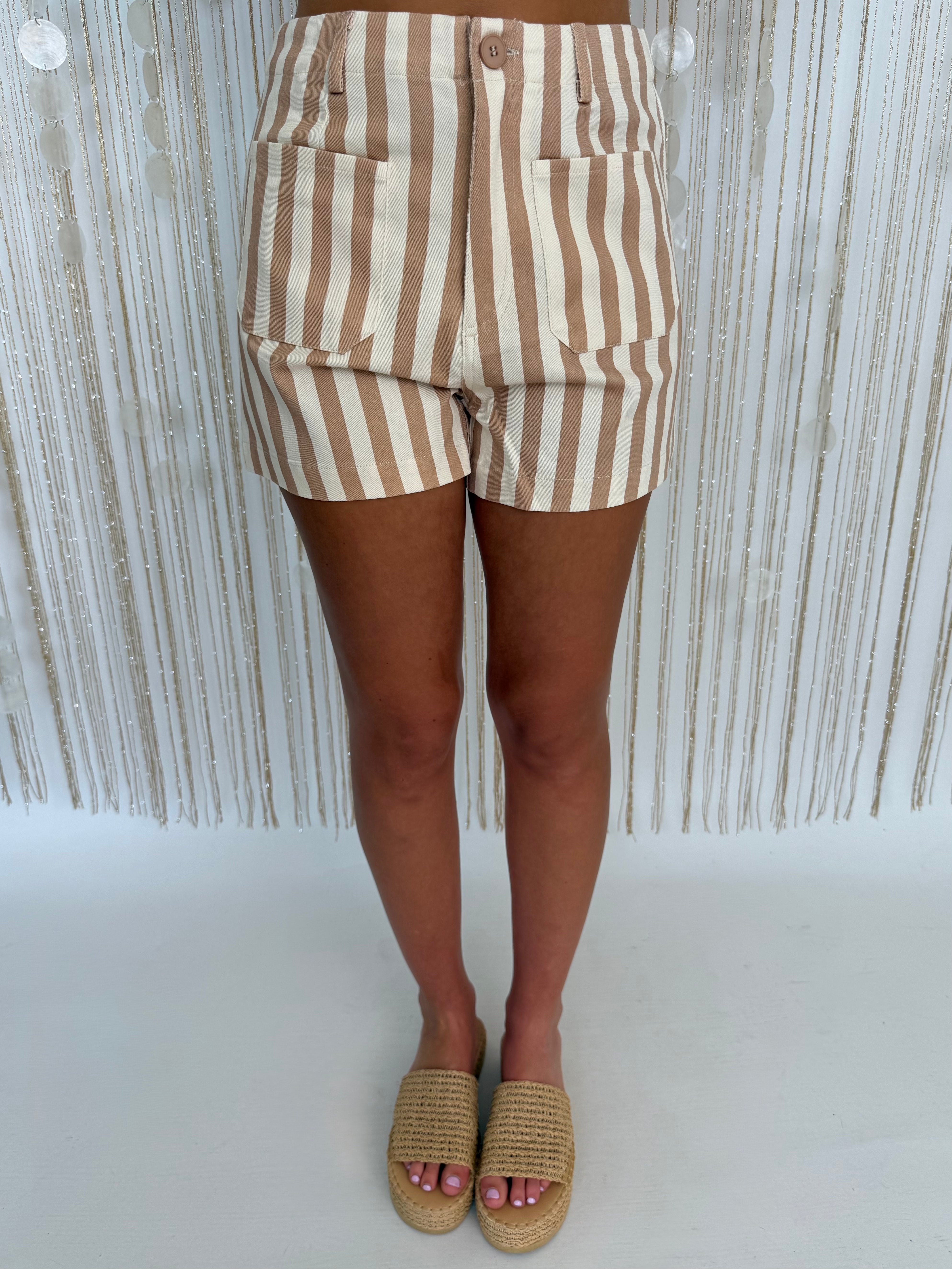 Sweet Grace Tan Striped High Waist Front Pocket Shorts-Shop-Womens-Boutique-Clothing