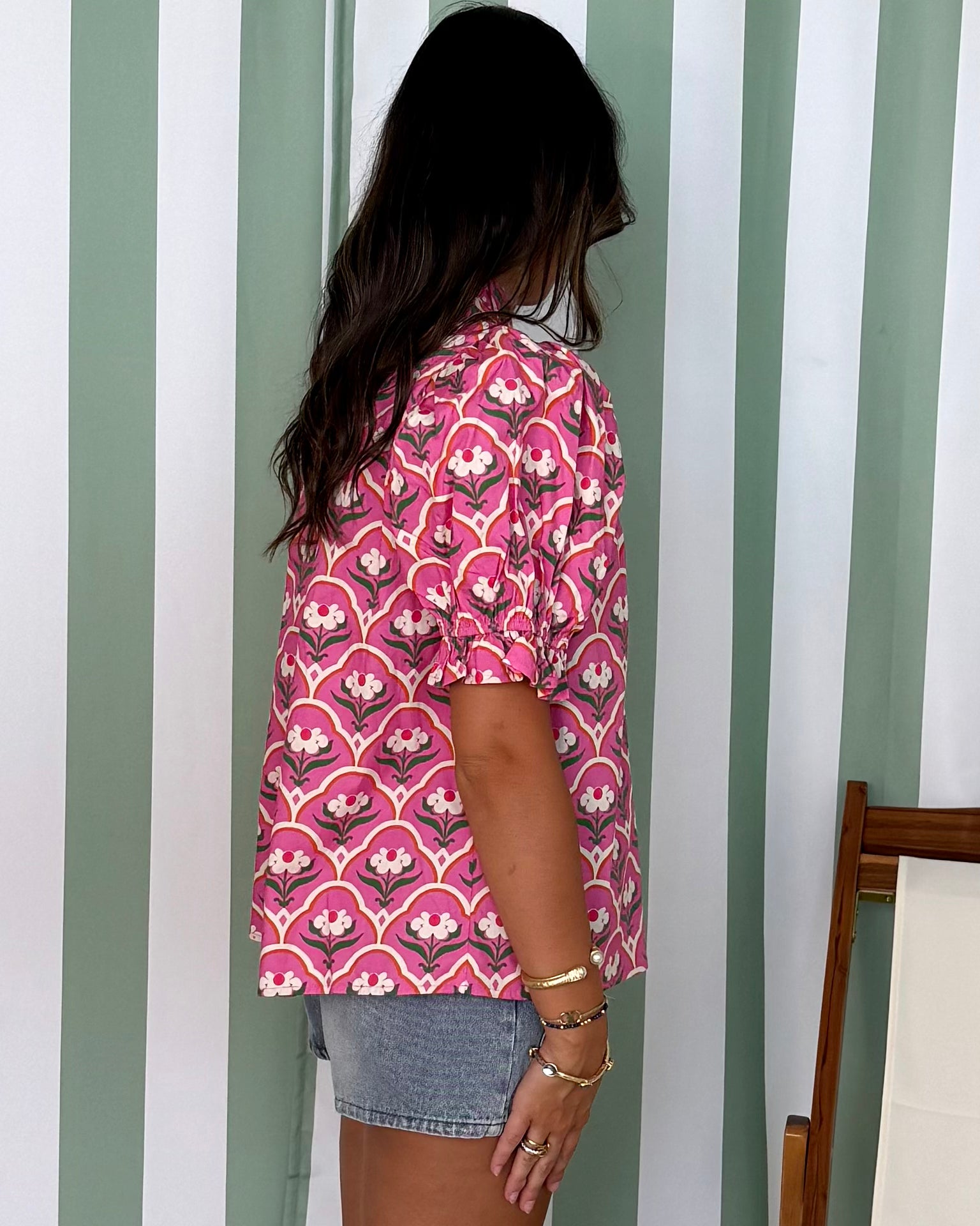 The Dreamer Pink Floral Ruffle Neck Top-Shop-Womens-Boutique-Clothing