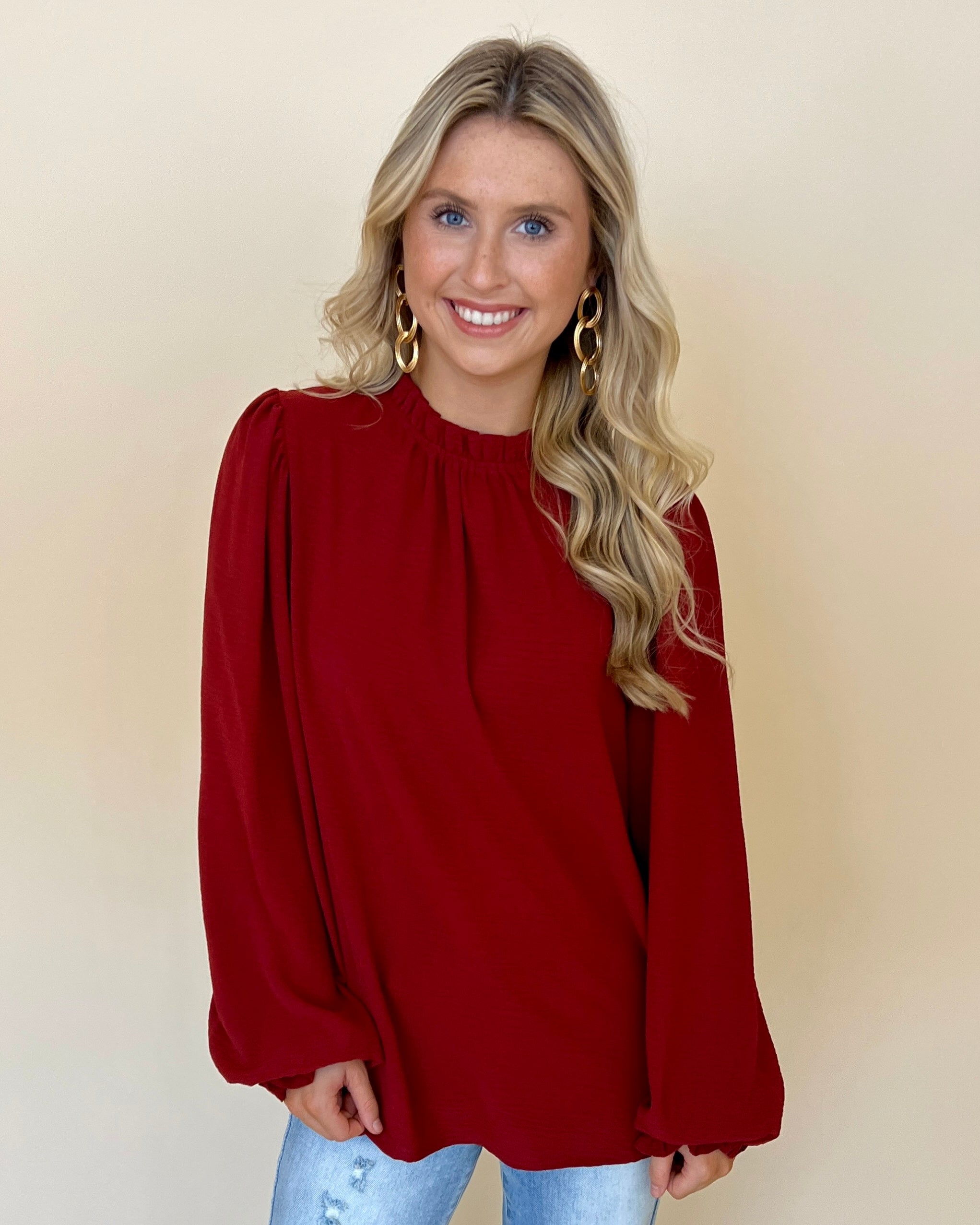 Just Right Dk Rust Ruffle Top-Shop-Womens-Boutique-Clothing