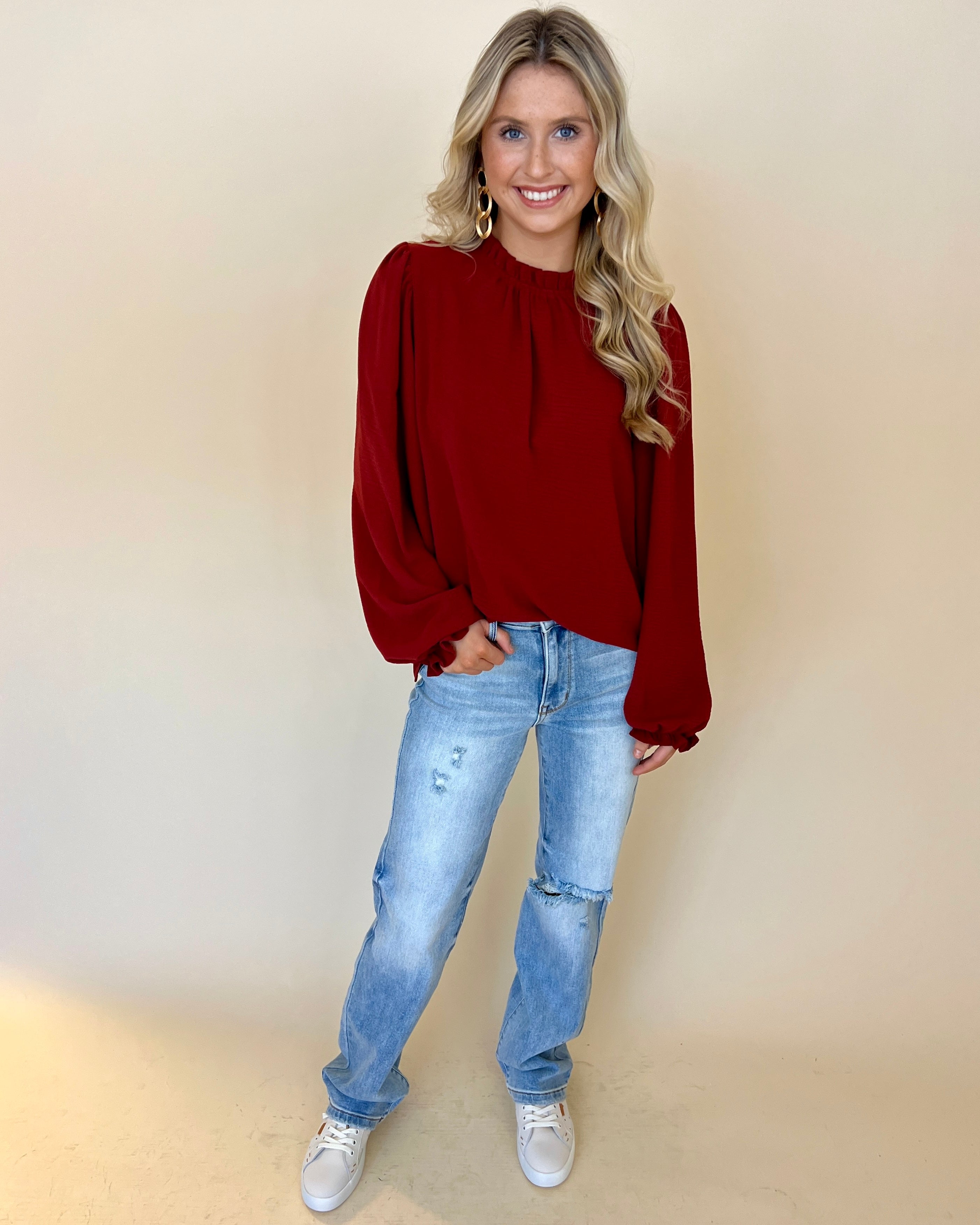 Just Right Dk Rust Ruffle Top-Shop-Womens-Boutique-Clothing