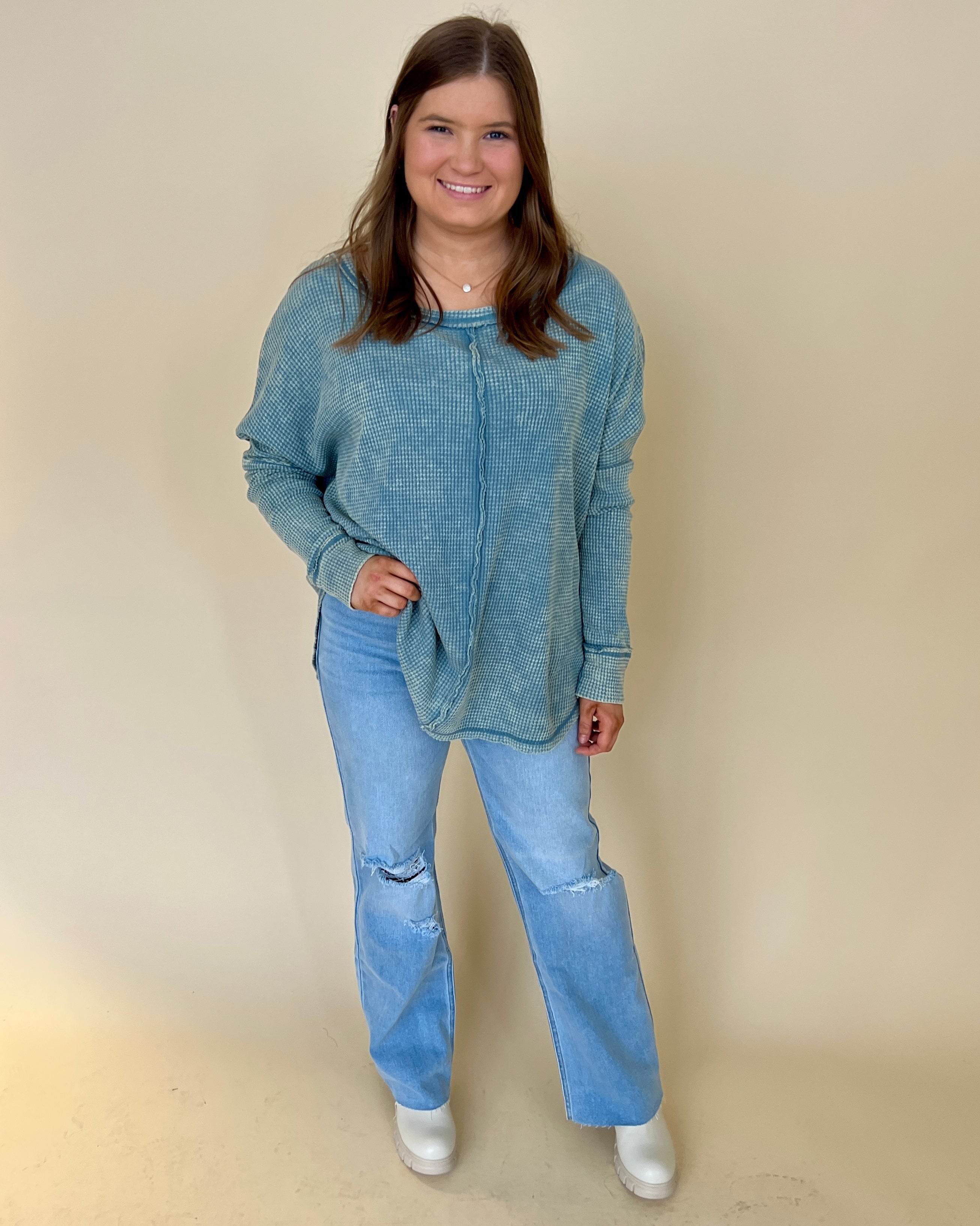 Washed Away Blue Grey Washed Knit Top-Shop-Womens-Boutique-Clothing