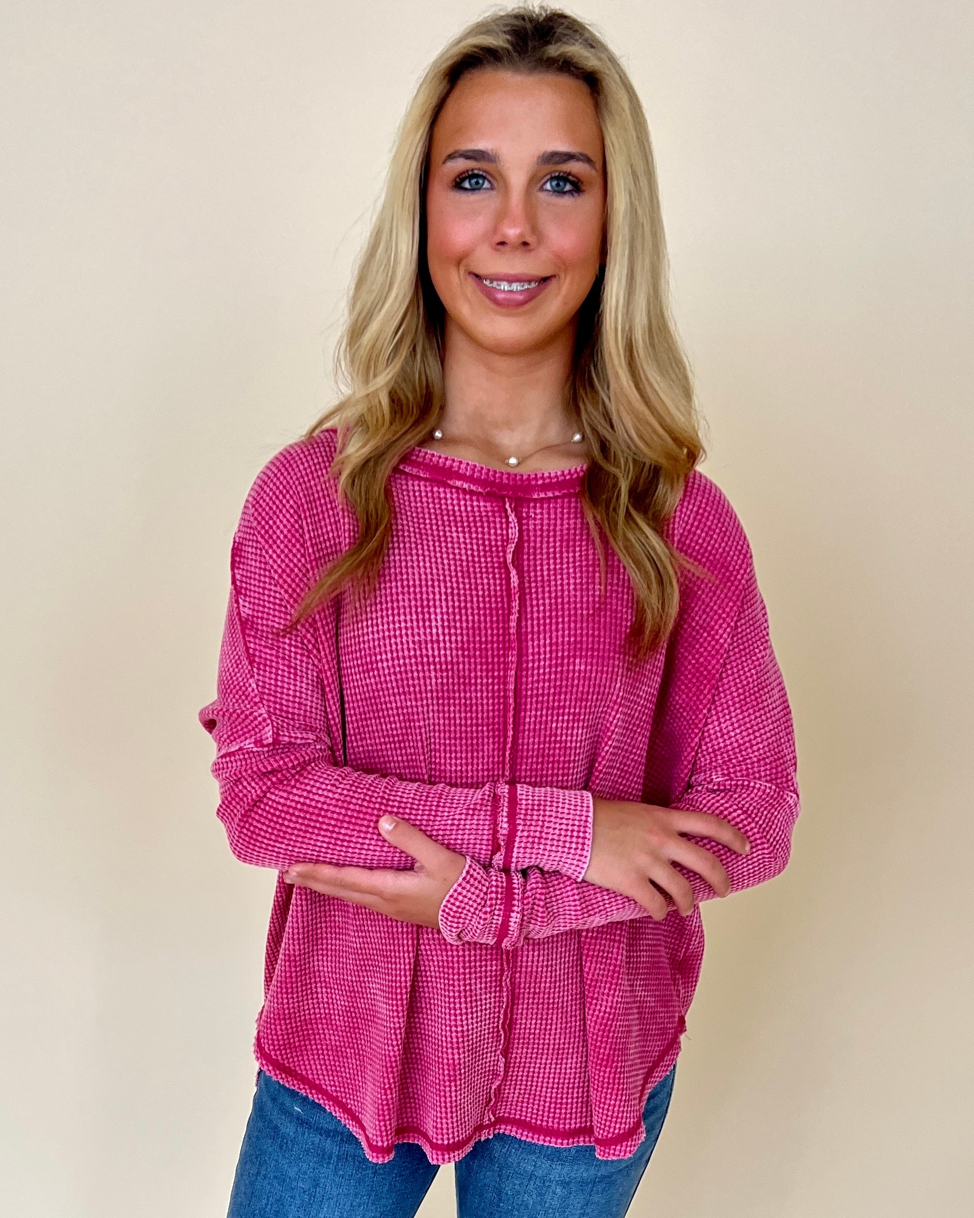 Washed Away Hot Pink Washed Knit Top-Shop-Womens-Boutique-Clothing