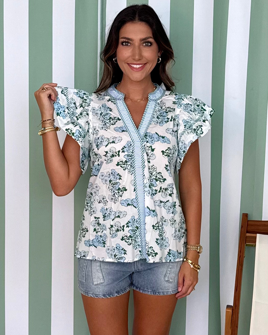 Sweet Serenity Blue Floral Ruffle Top-Shop-Womens-Boutique-Clothing