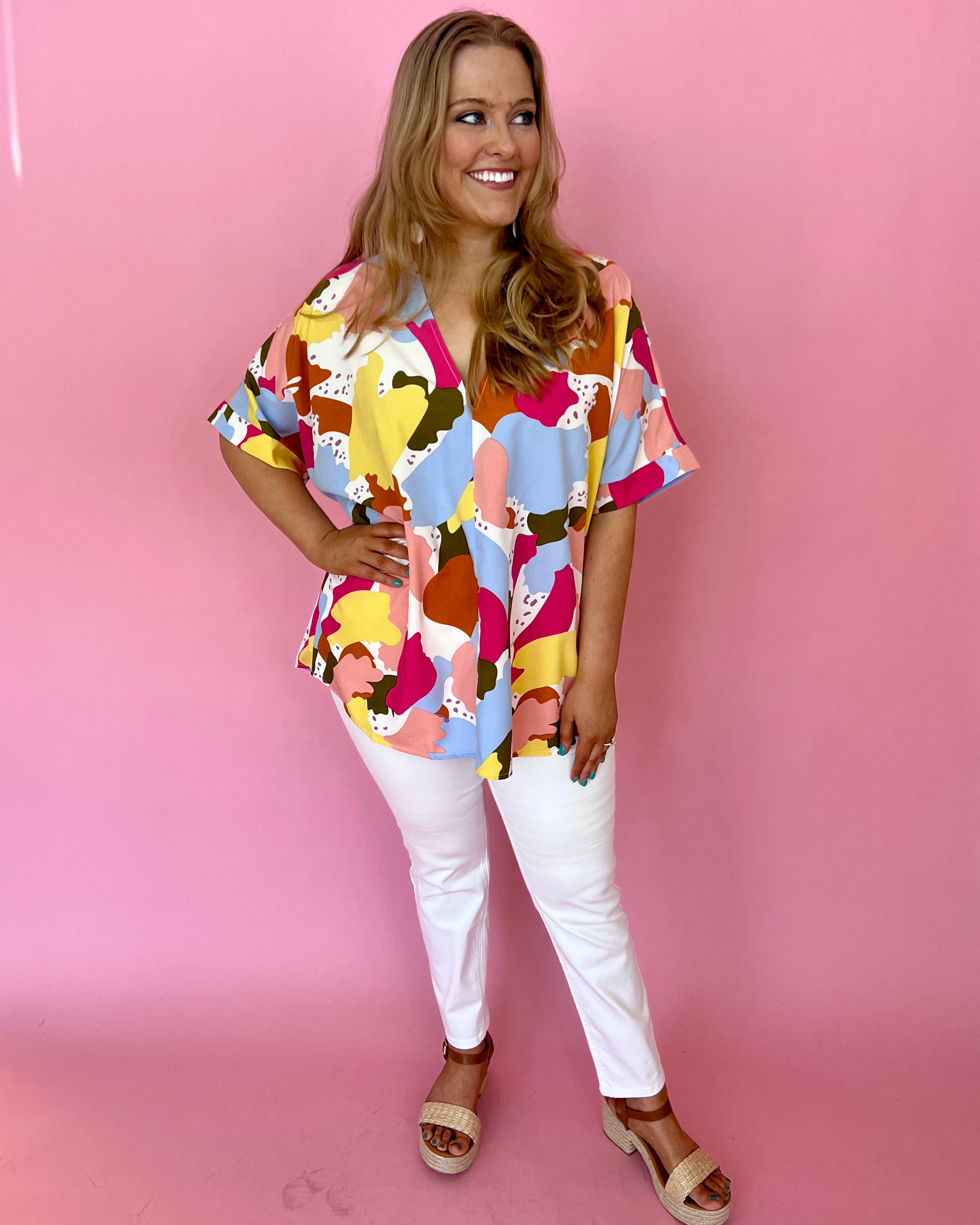 Makes Me Happy Fuchsia Plus Abstract V-neck Dolman Top-Shop-Womens-Boutique-Clothing