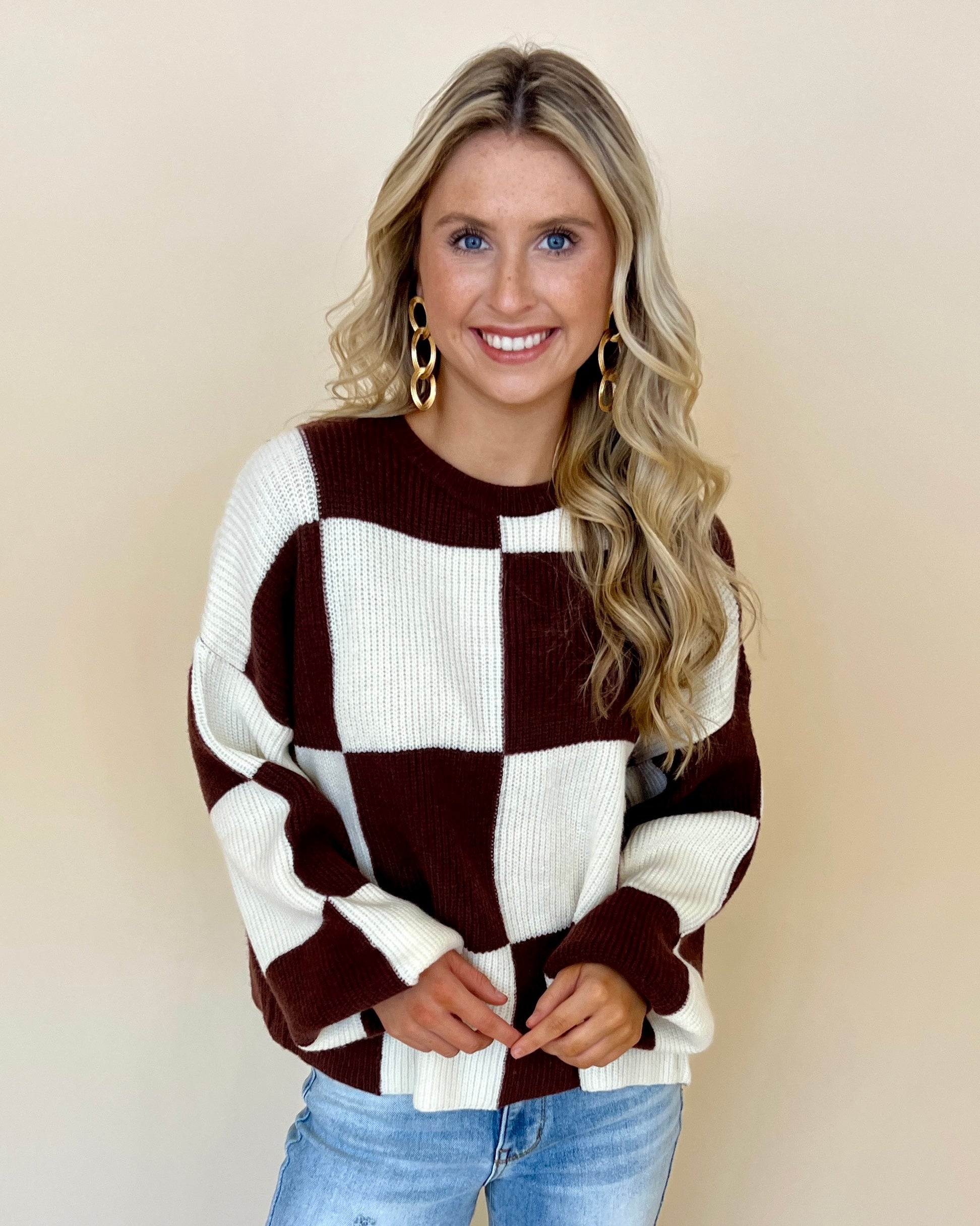 Say Anything Chocolate Checkered Sweater-Shop-Womens-Boutique-Clothing