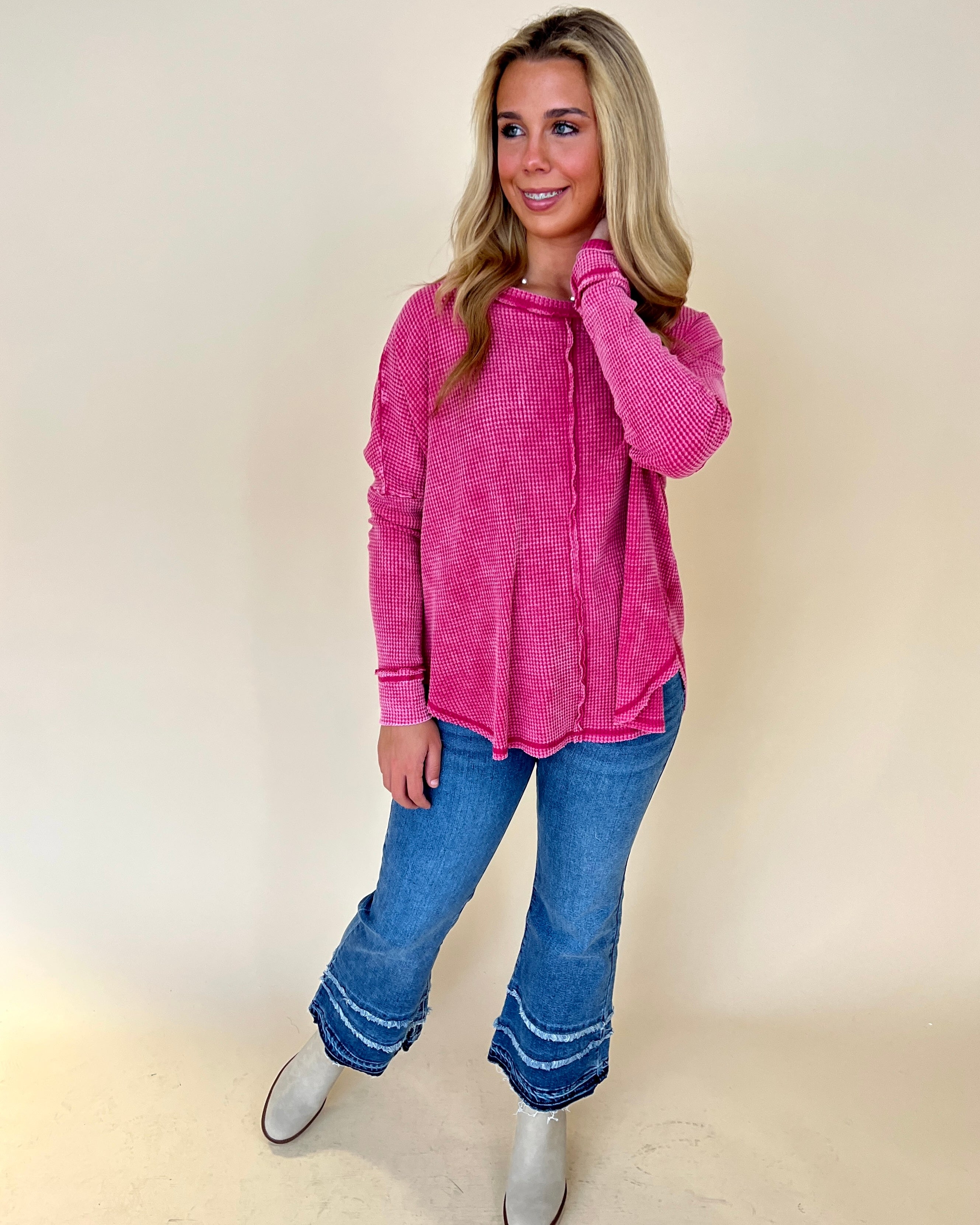 Washed Away Hot Pink Washed Knit Top-Shop-Womens-Boutique-Clothing