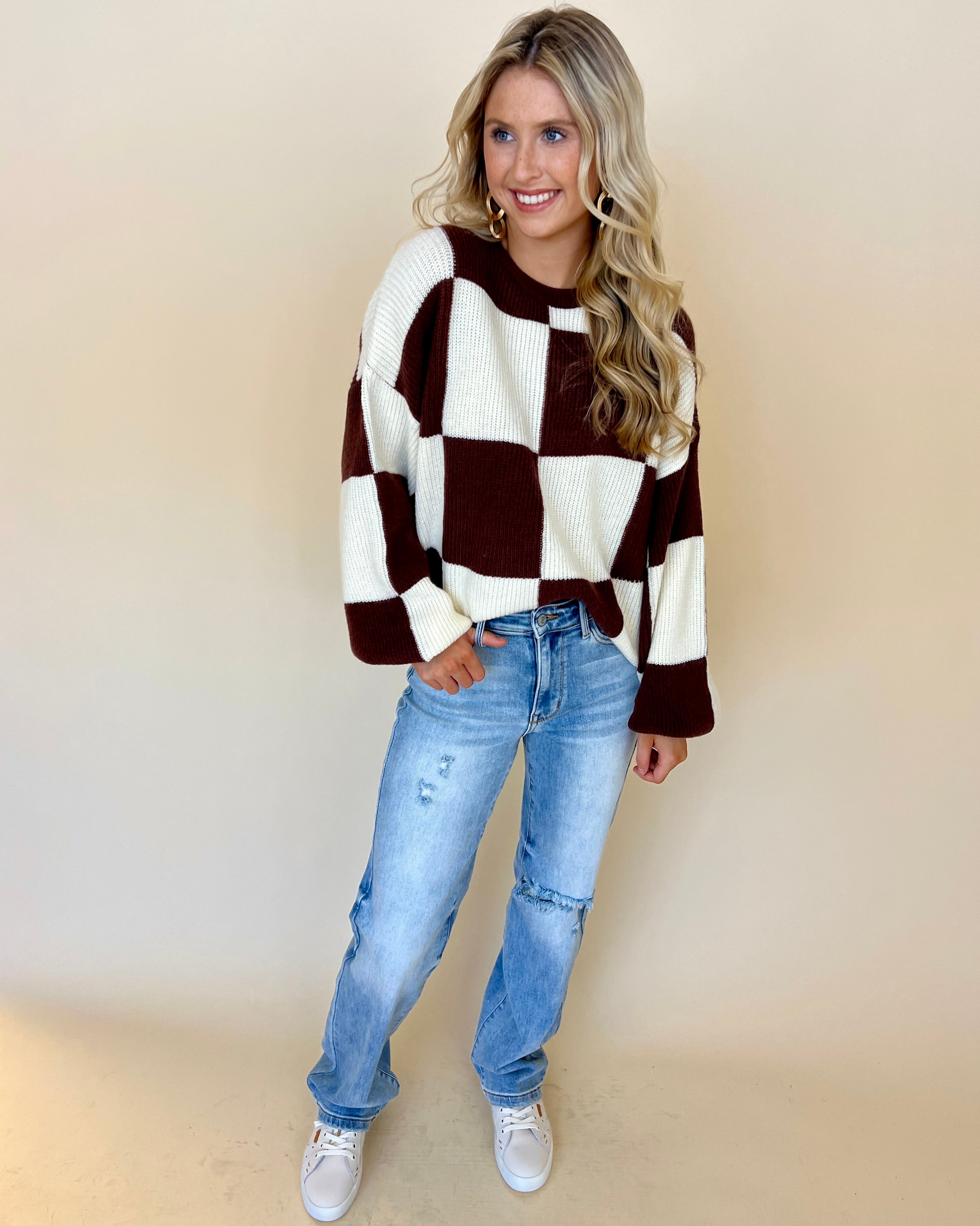 Say Anything Chocolate Checkered Sweater-Shop-Womens-Boutique-Clothing