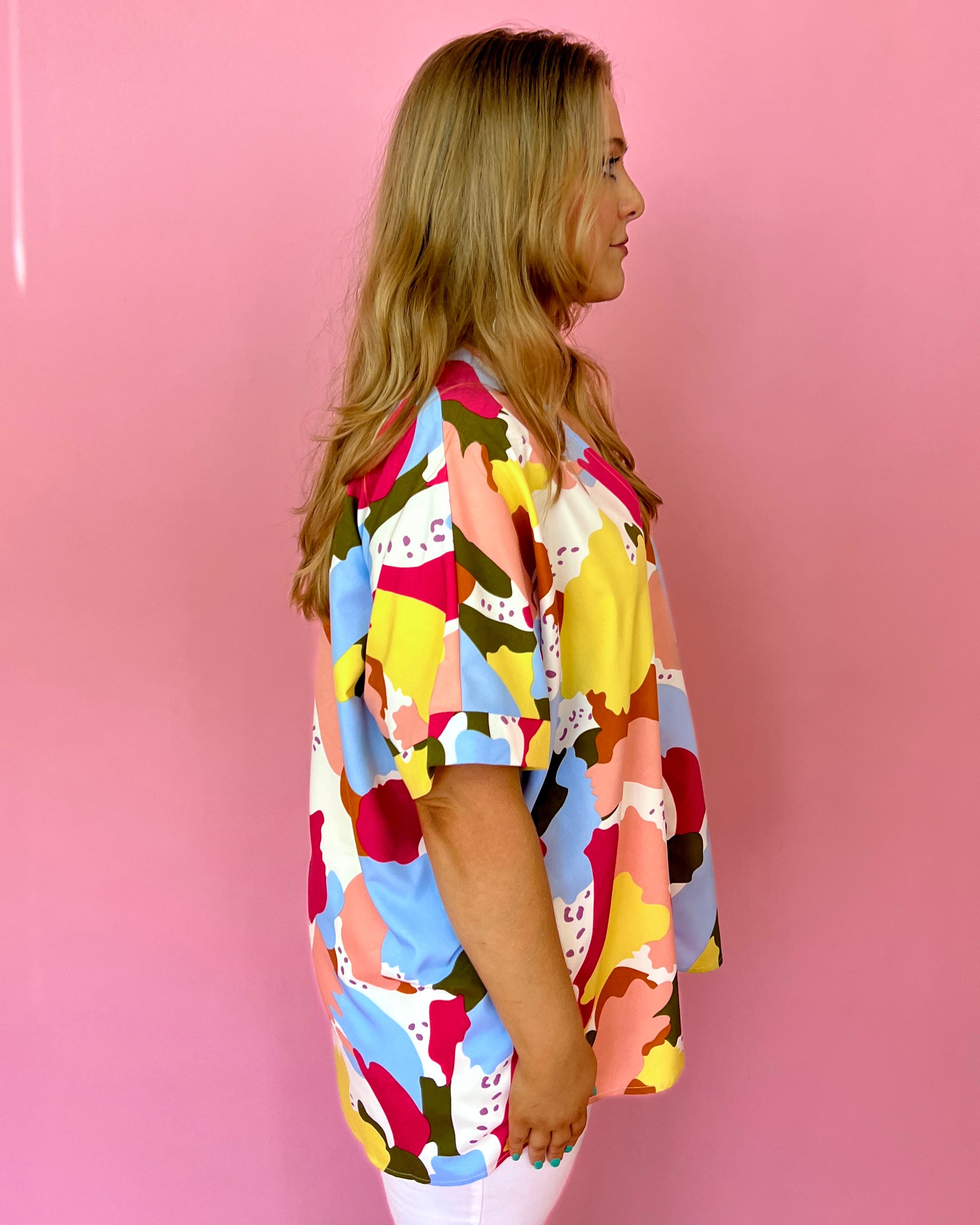 Makes Me Happy Fuchsia Plus Abstract V-neck Dolman Top-Shop-Womens-Boutique-Clothing
