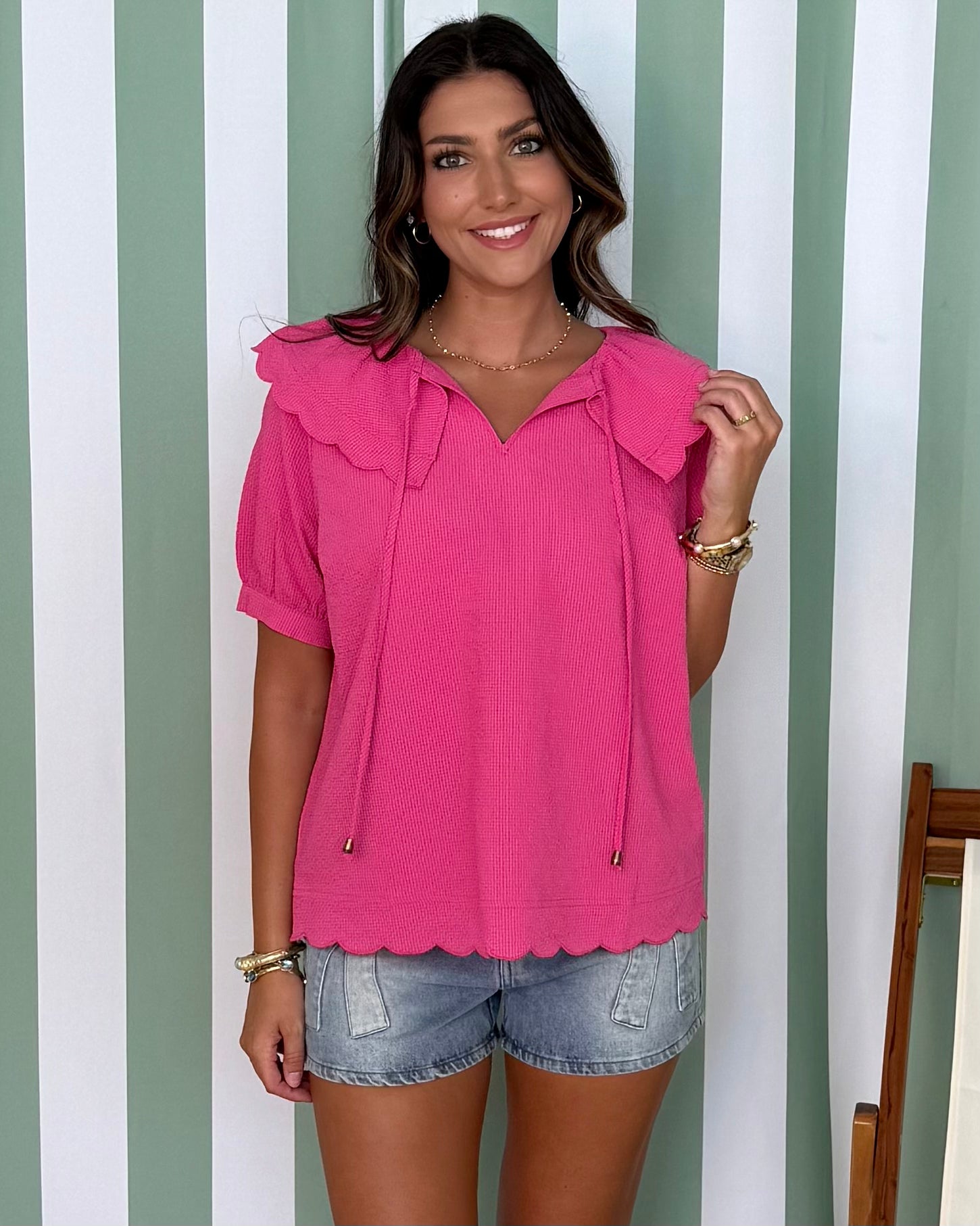 Evening Charm Hot Pink Textured Scallop Top-Shop-Womens-Boutique-Clothing
