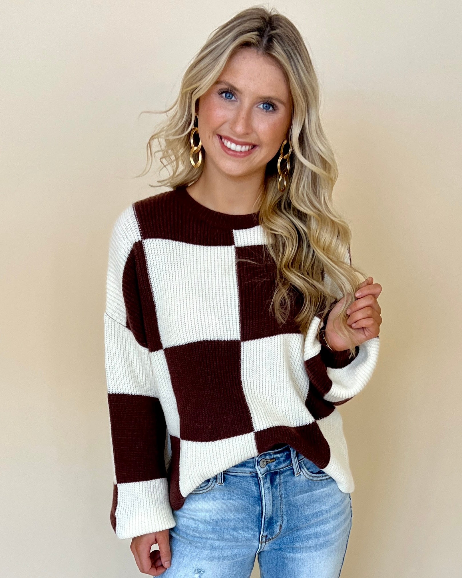 Say Anything Chocolate Checkered Sweater-Shop-Womens-Boutique-Clothing