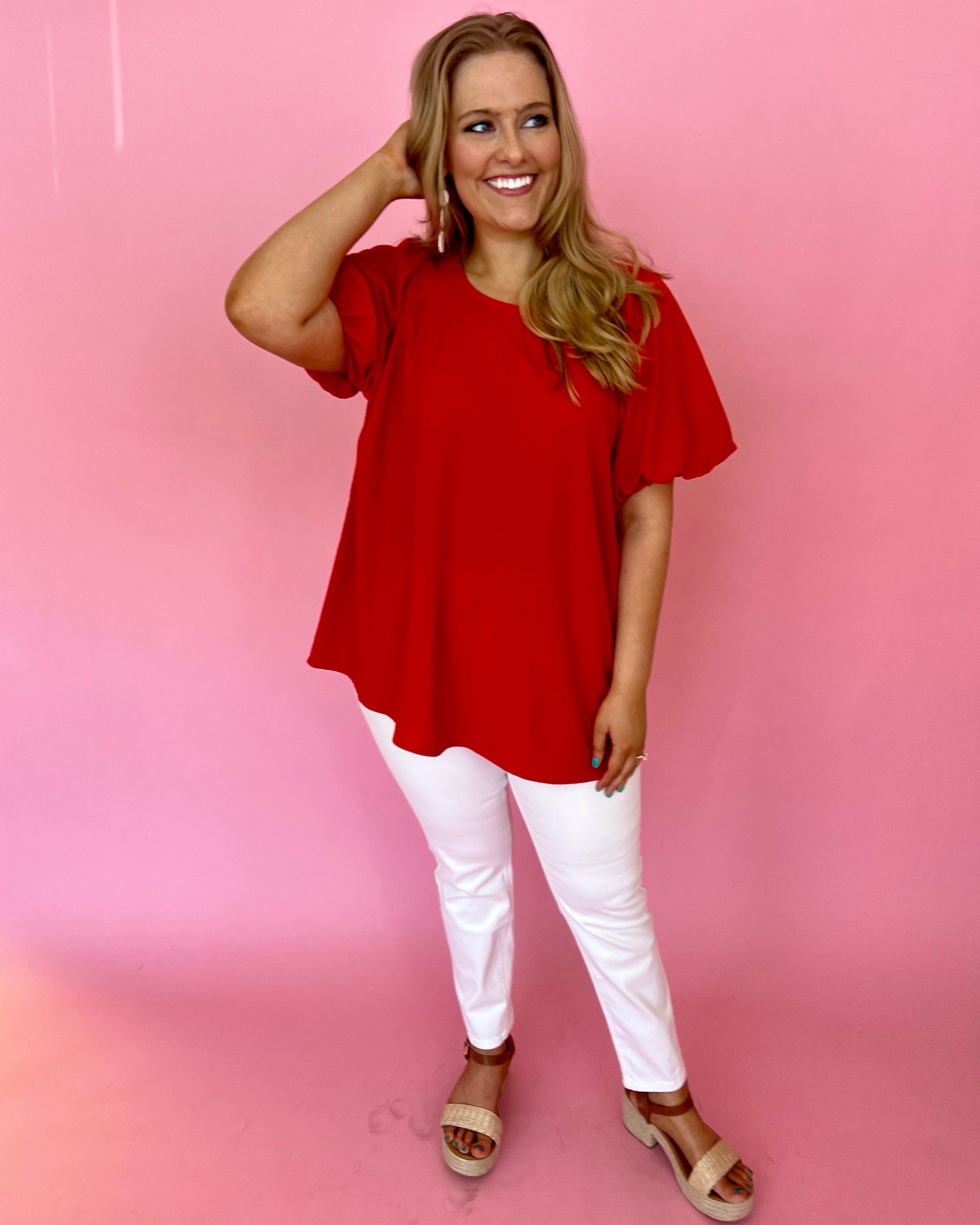 My Dearest Darling Tomato Red Plus Puff Sleeve Round Neck Top-Shop-Womens-Boutique-Clothing