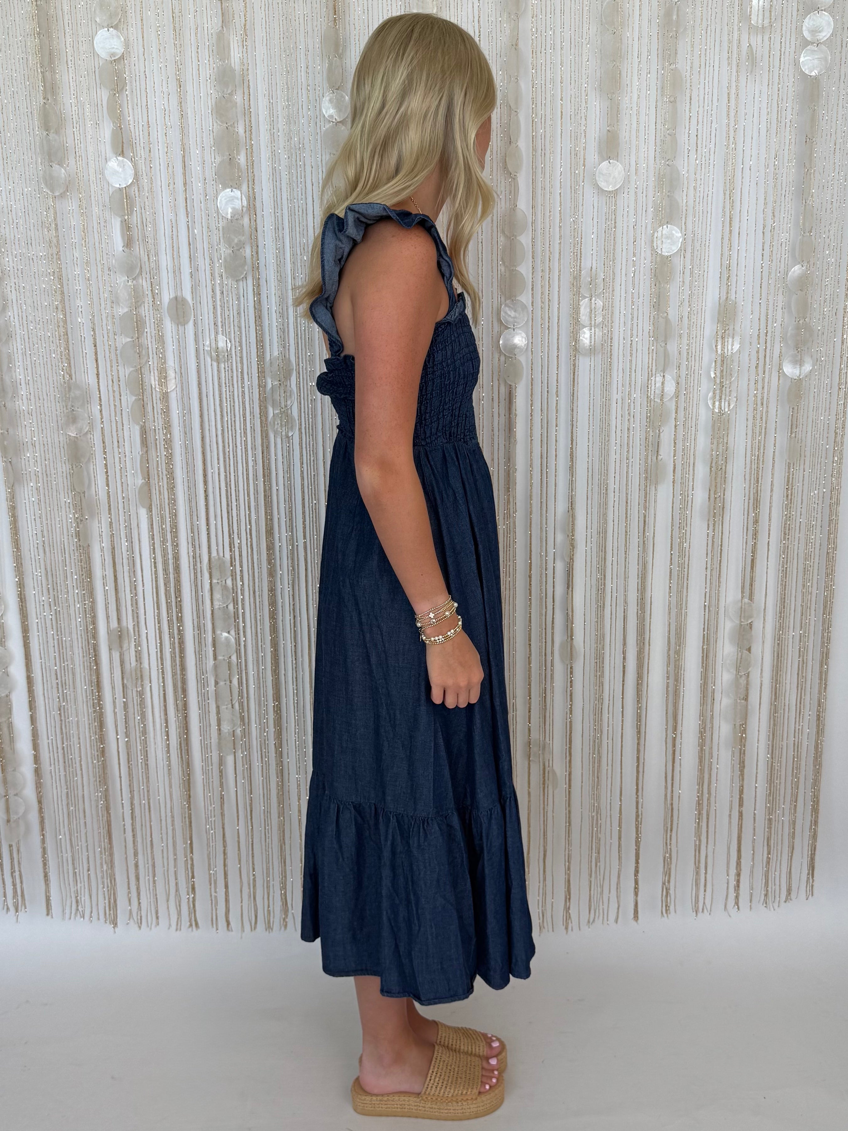 BLU Dark Denim Ruffle Strap Smocked Midi Dress-Shop-Womens-Boutique-Clothing