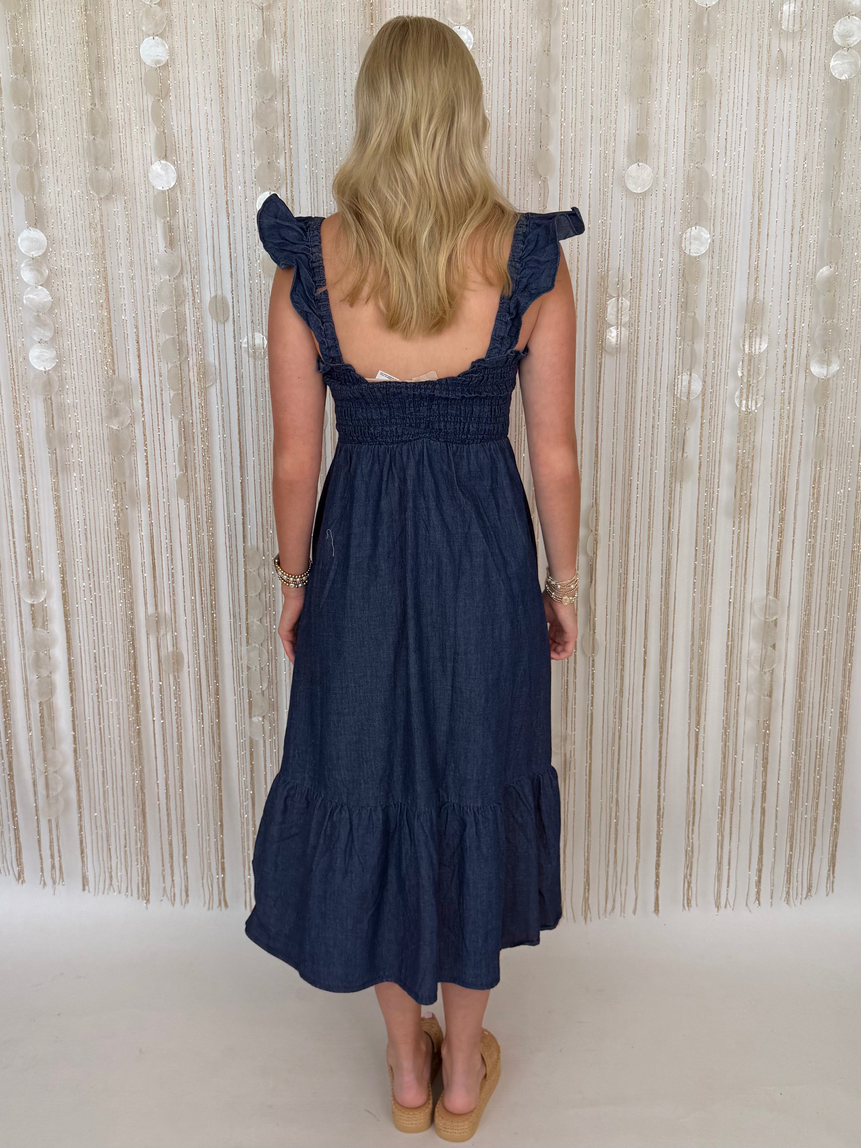 BLU Dark Denim Ruffle Strap Smocked Midi Dress-Shop-Womens-Boutique-Clothing