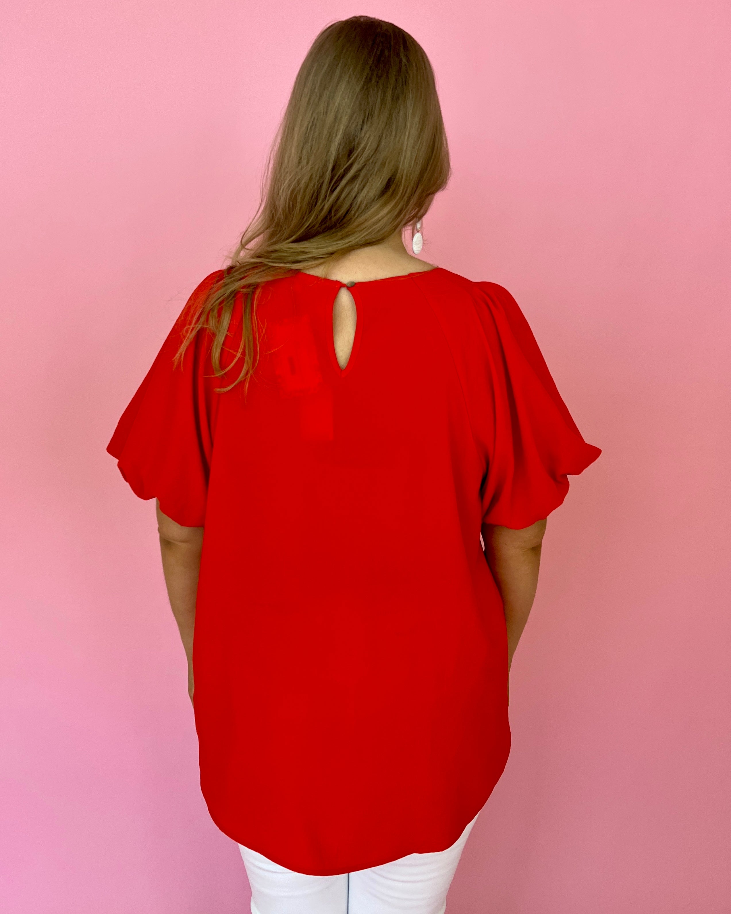 My Dearest Darling Tomato Red Plus Puff Sleeve Round Neck Top-Shop-Womens-Boutique-Clothing