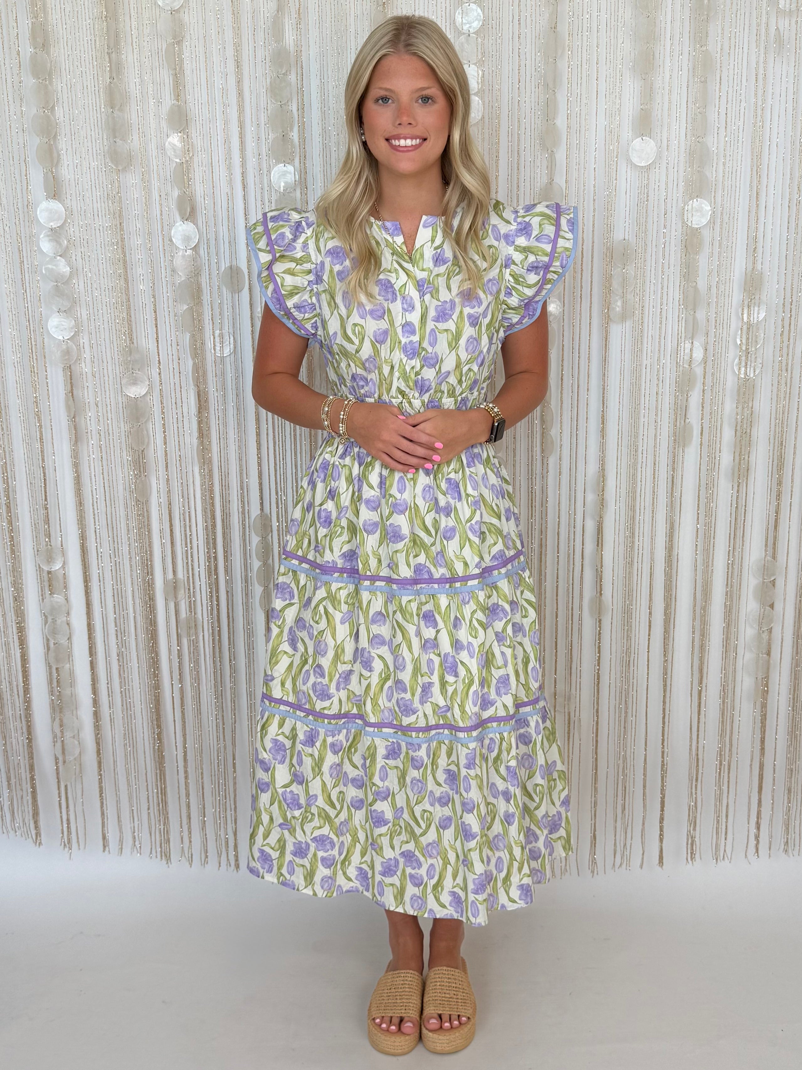 Delicate Charm Lilac Floral Tiered Midi Dress-Shop-Womens-Boutique-Clothing