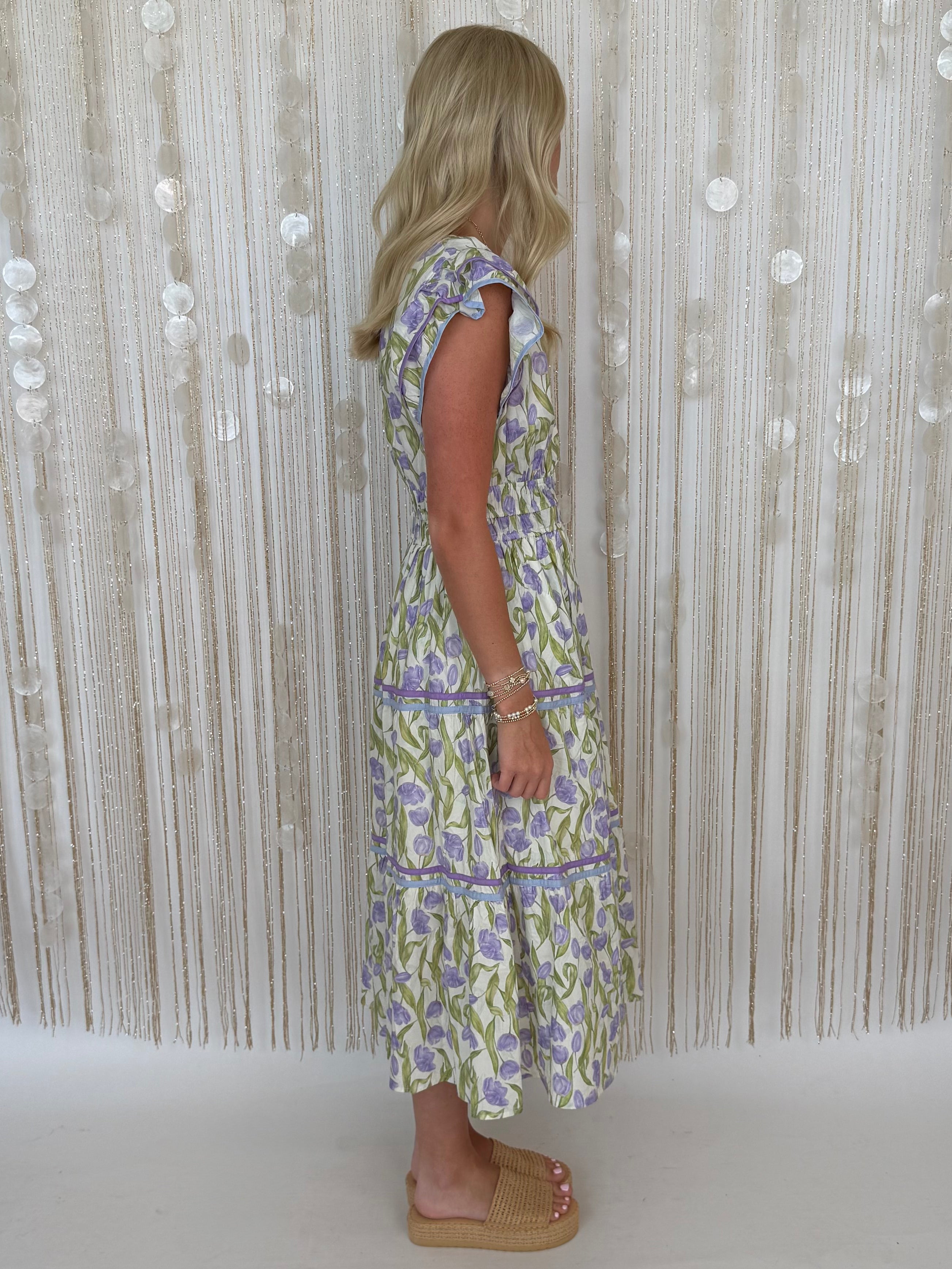 Delicate Charm Lilac Floral Tiered Midi Dress-Shop-Womens-Boutique-Clothing