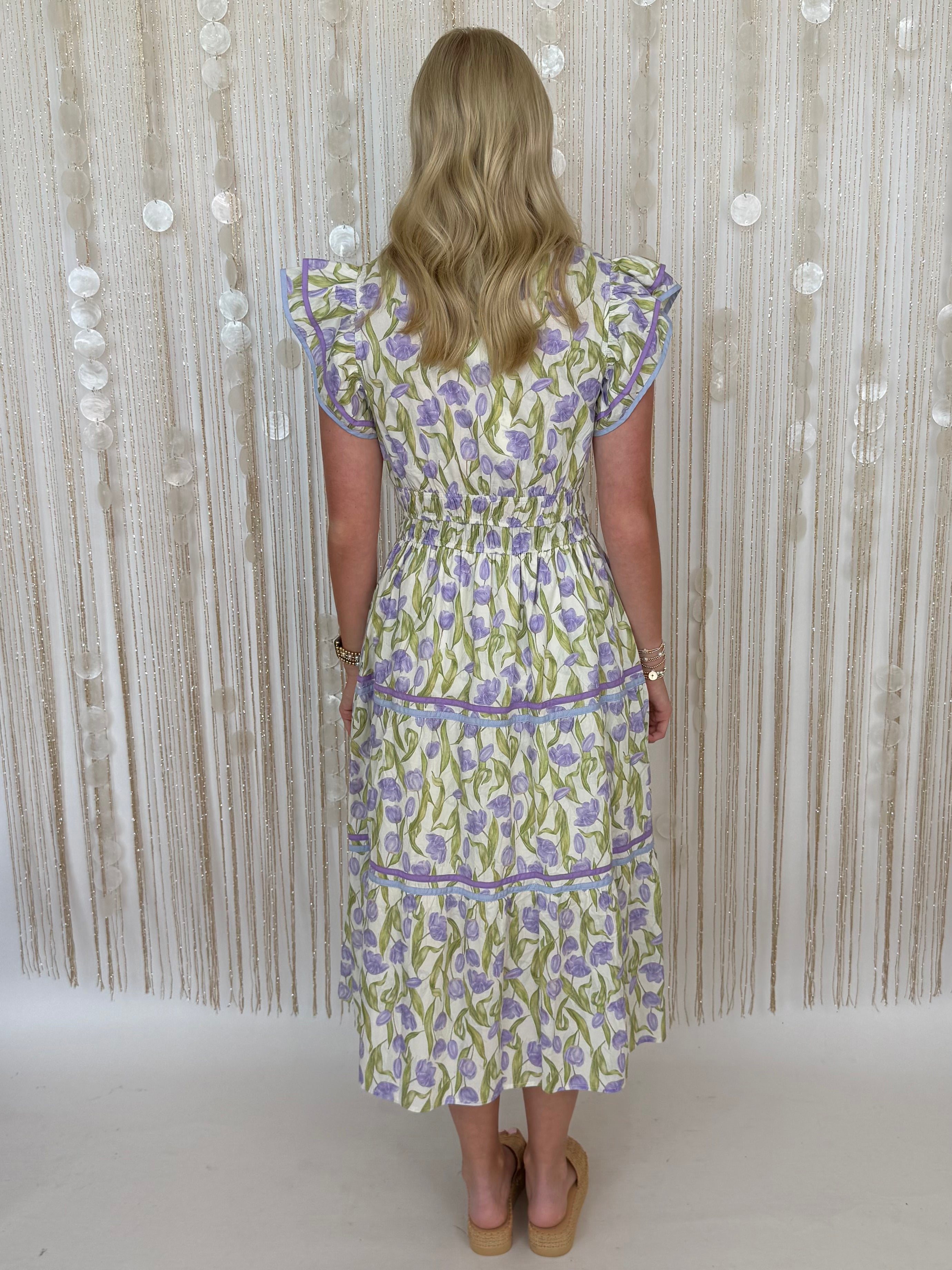 Delicate Charm Lilac Floral Tiered Midi Dress-Shop-Womens-Boutique-Clothing