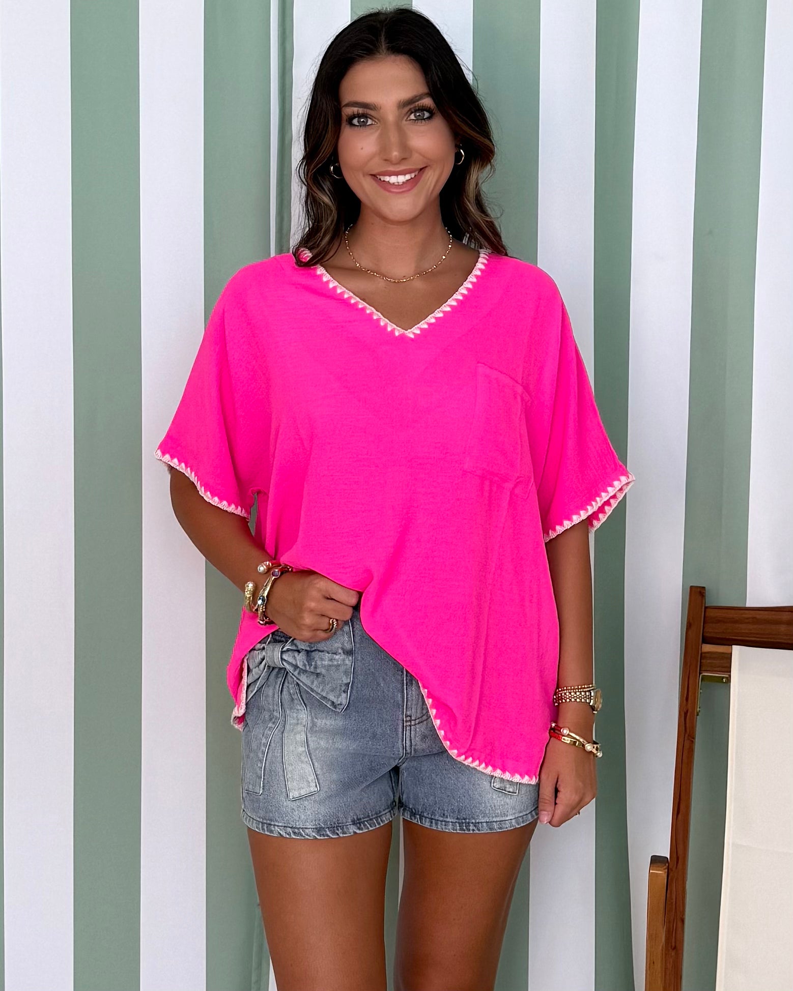 Just Stopping By Hot Pink Stitch Pocket Top-Shop-Womens-Boutique-Clothing