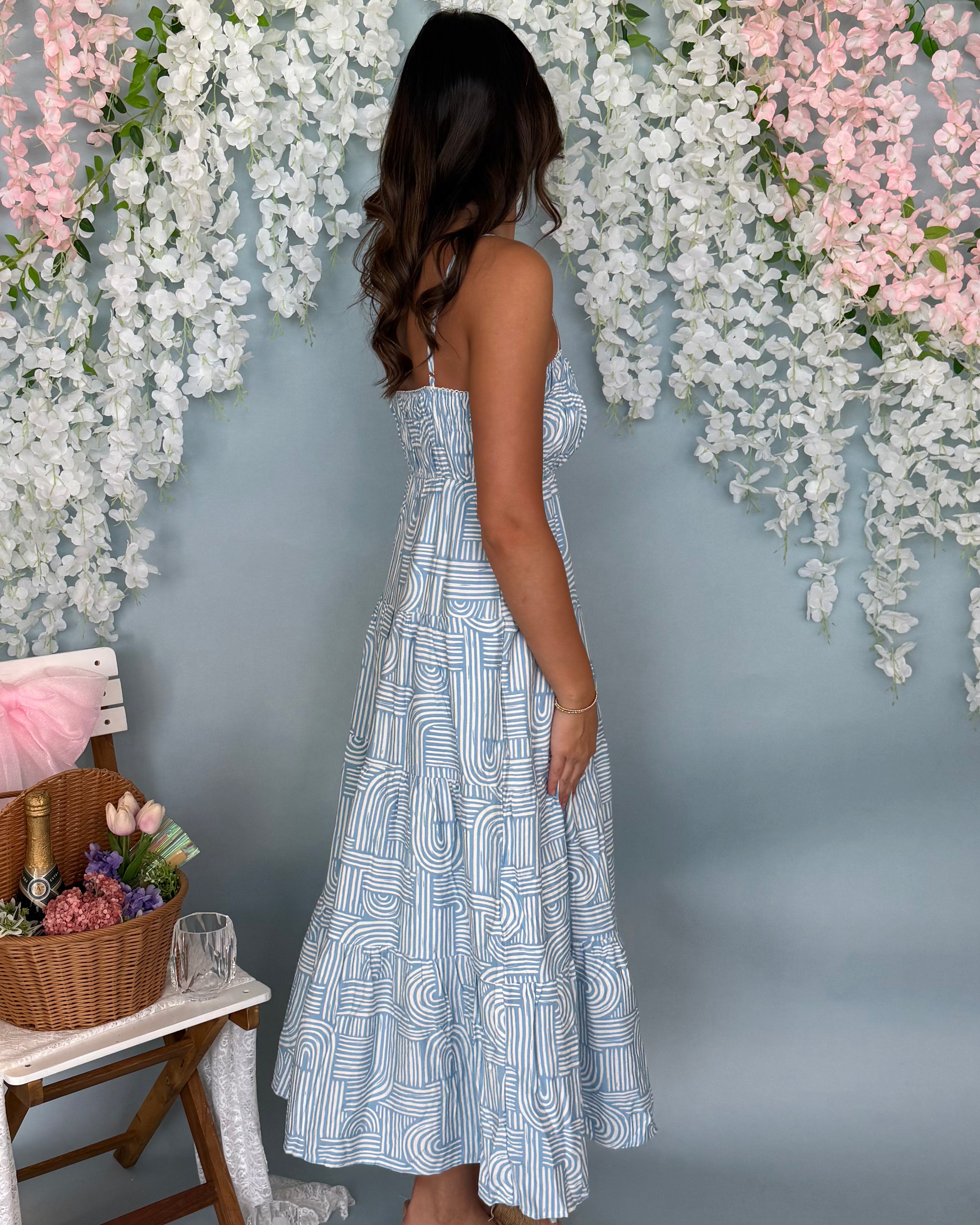 Living It Light Blue Abstract Midi Dress-Shop-Womens-Boutique-Clothing