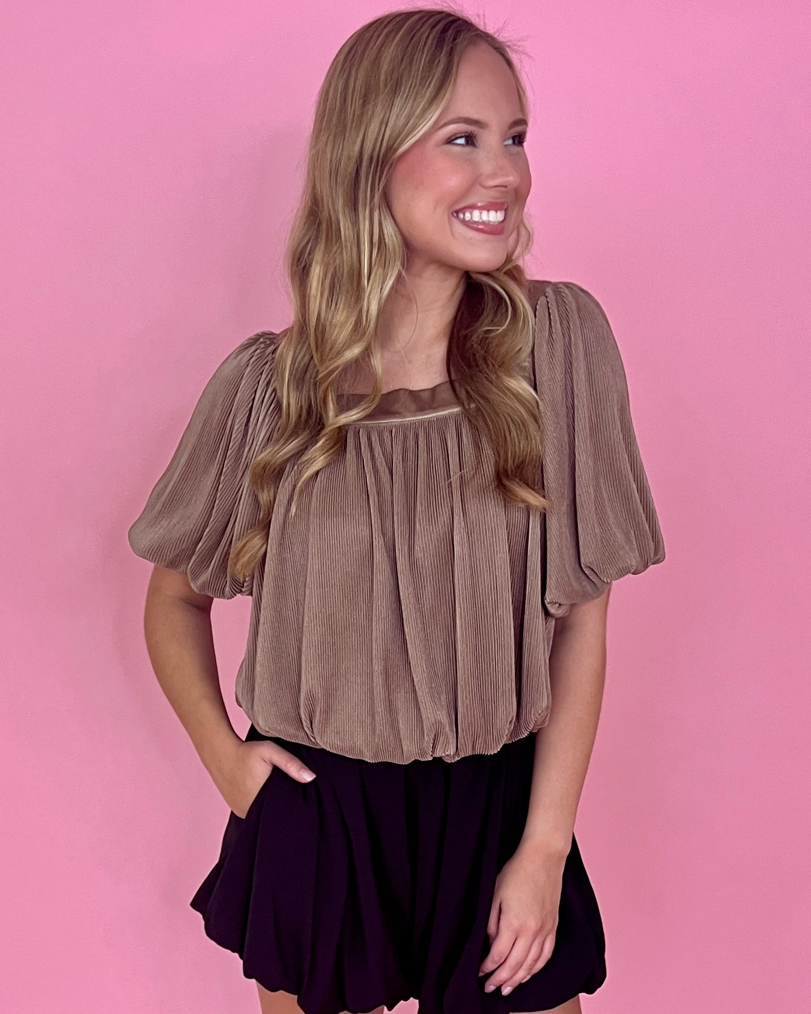 Time Rolls By Mocha Plisse Square Neck Crop Top-Shop-Womens-Boutique-Clothing