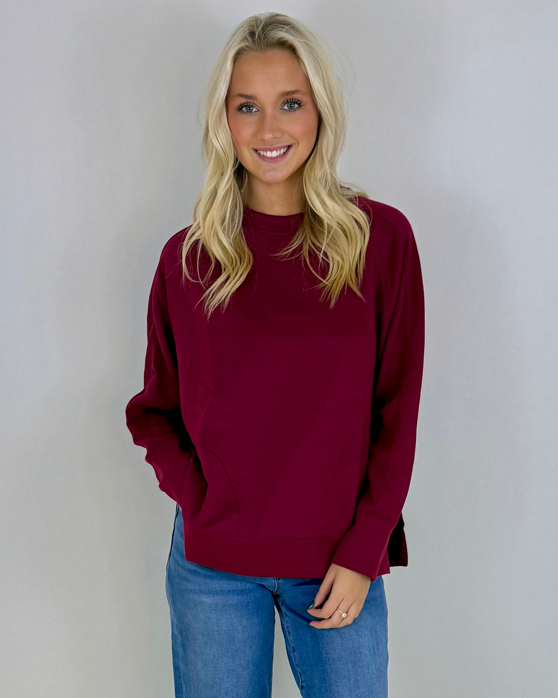 Chill Vibe Cabernet Scuba Side Slit Sweatshirt-Shop-Womens-Boutique-Clothing