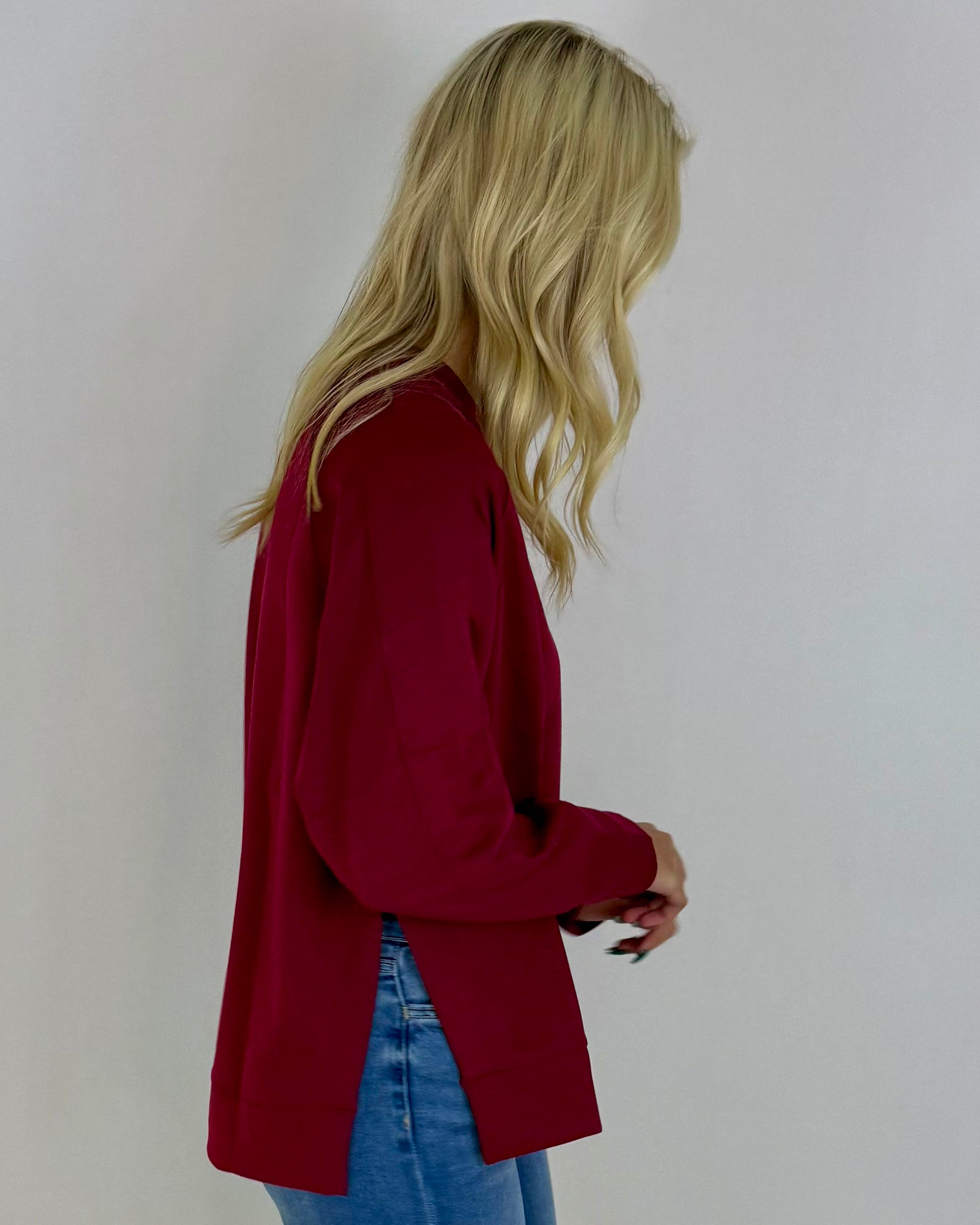 Chill Vibe Cabernet Scuba Side Slit Sweatshirt-Shop-Womens-Boutique-Clothing