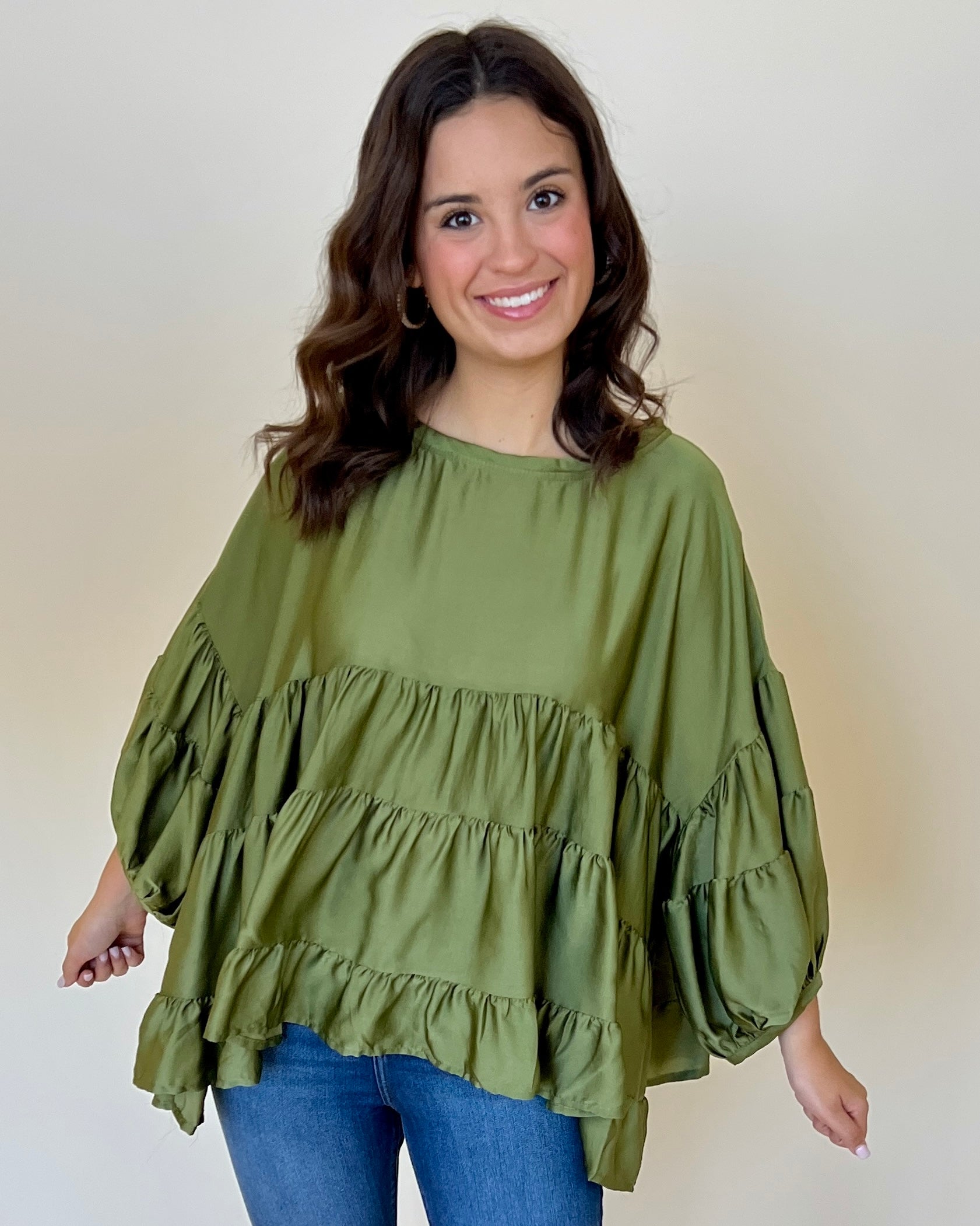 Breezy Times Olive Satin Tiered Top-Shop-Womens-Boutique-Clothing