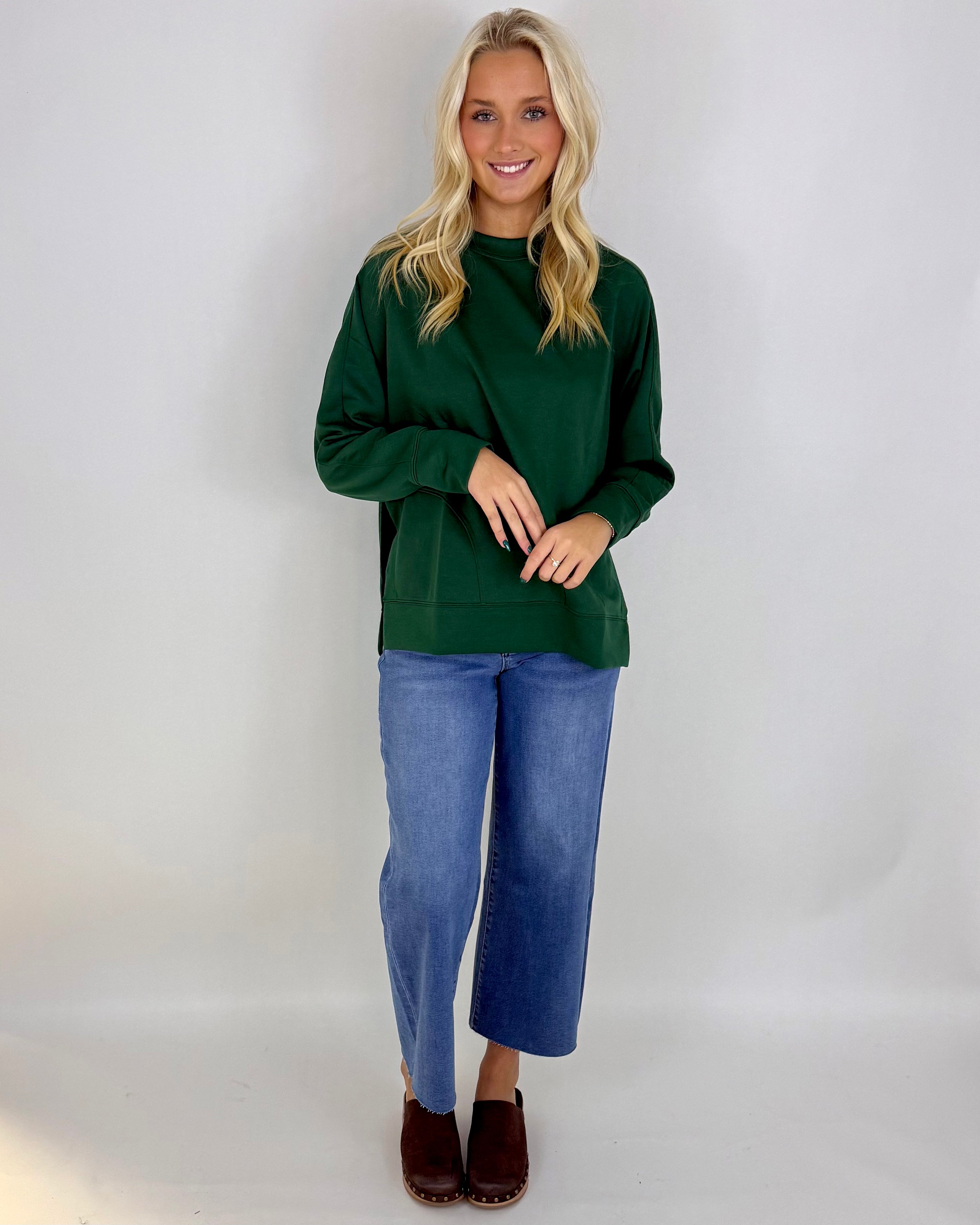 Chill Vibe Dk Green Scuba Side Slit Sweatshirt-Shop-Womens-Boutique-Clothing