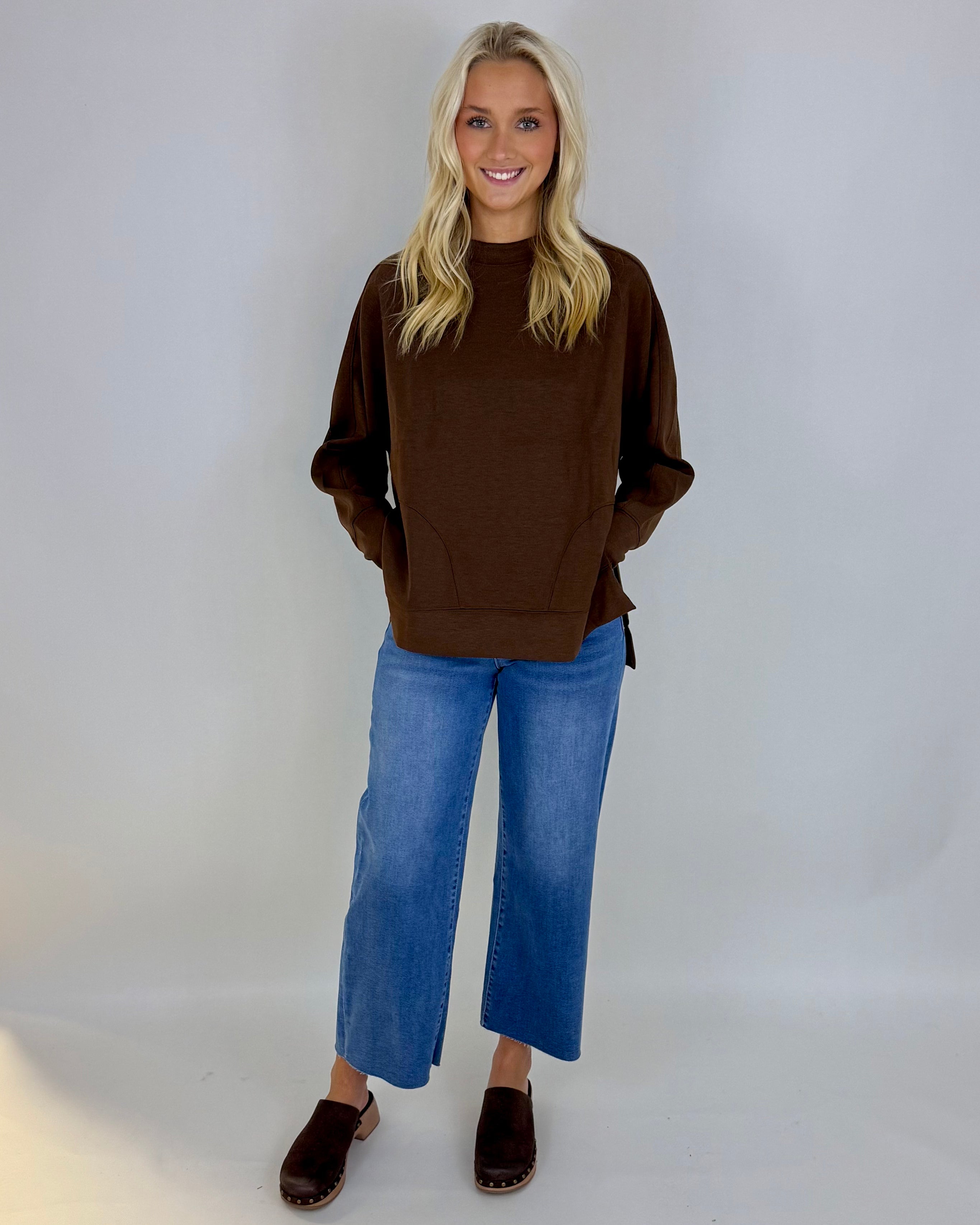 Chill Vibe Brown Scuba Side Slit Sweatshirt-Shop-Womens-Boutique-Clothing