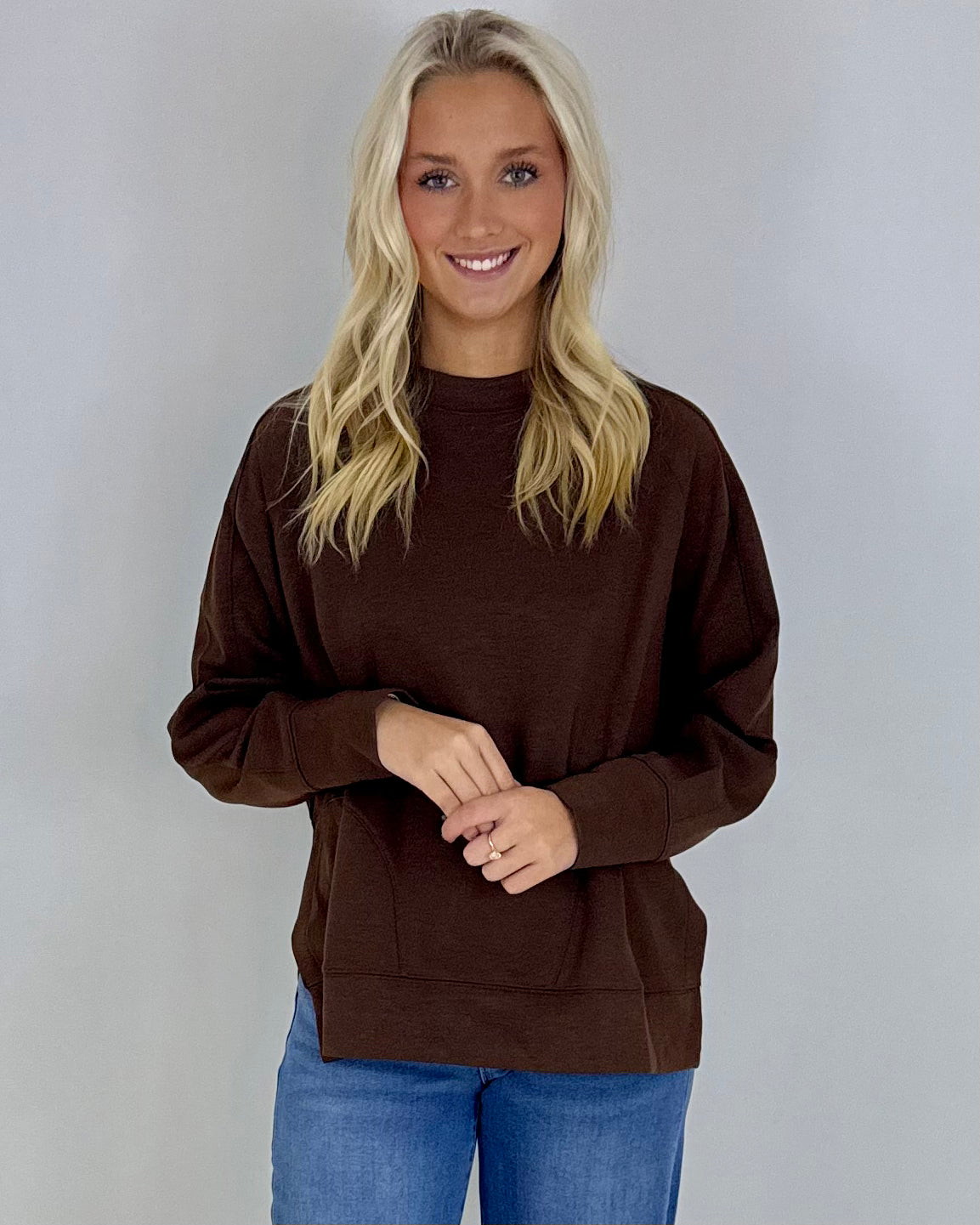 Chill Vibe Brown Scuba Side Slit Sweatshirt-Shop-Womens-Boutique-Clothing