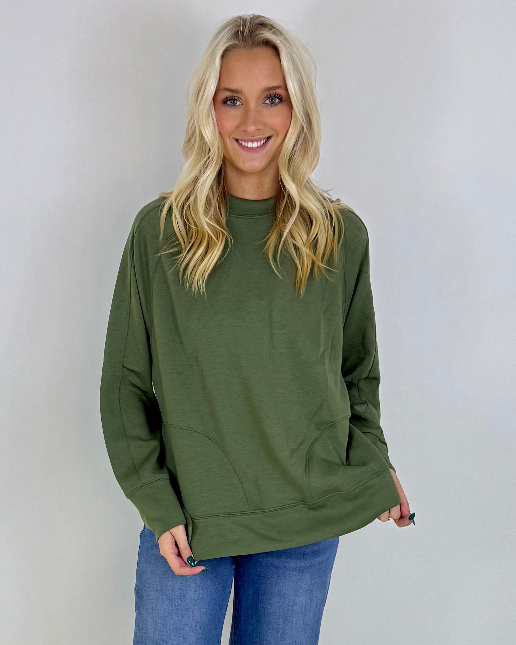 Chill Vibe Lt. Olive Scuba Side Slit Sweatshirt-Shop-Womens-Boutique-Clothing